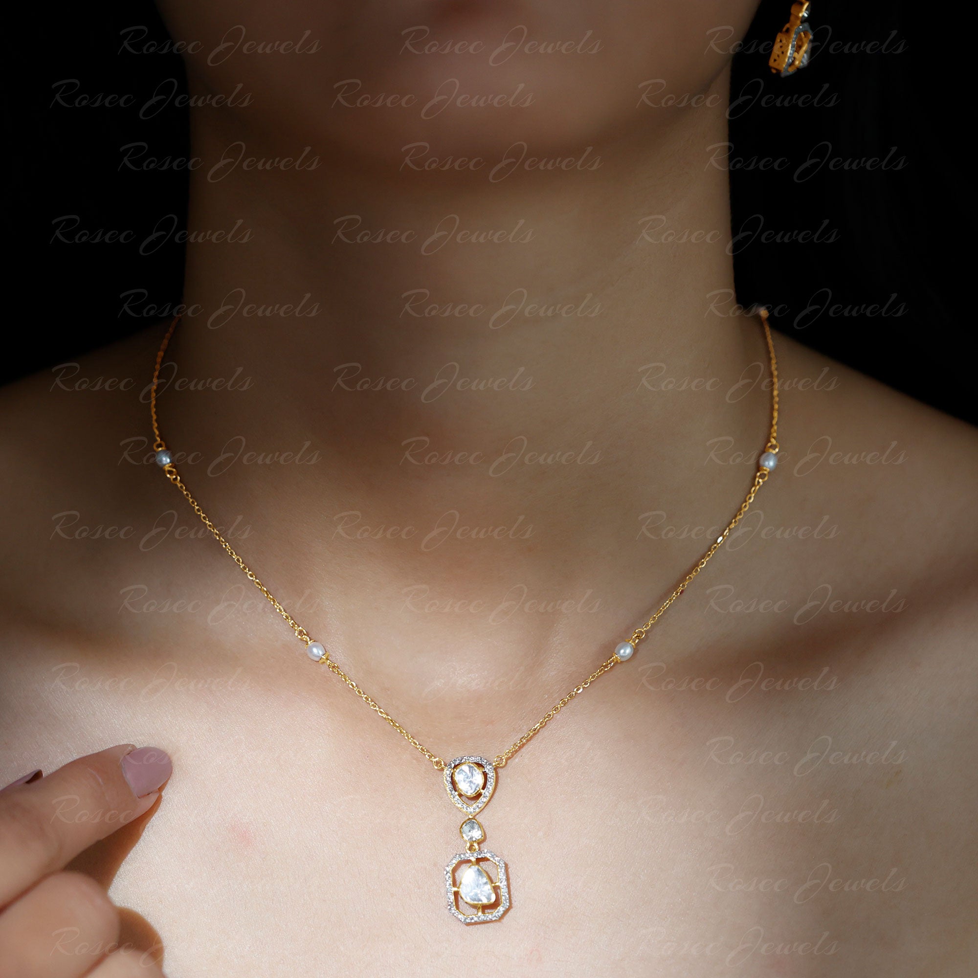 Uncut Diamond and Brillant Cut Diamond Dangle Necklace with Freshwater Pearls 18K Yellow Gold - Rosec Jewels