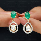 Polki Diamond Teardrop Earrings with Oval Emerald 18K Yellow Gold - Rosec Jewels