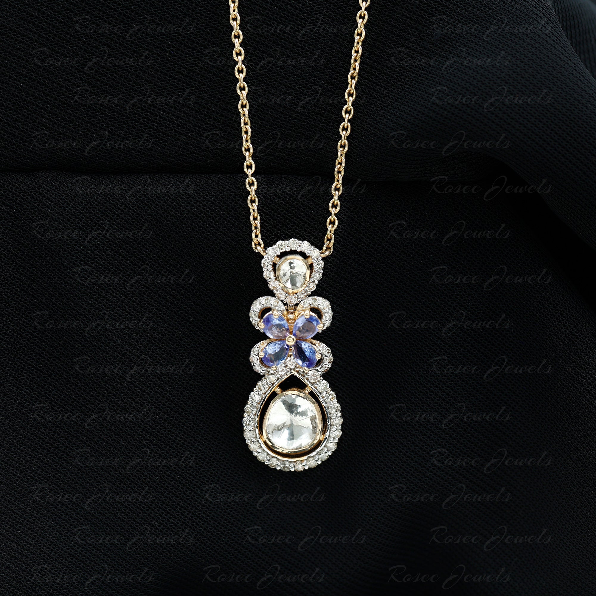 Pear Cut Tanzanite and Polki Diamond Flower Drop Pendant Necklace 14K Yellow Gold - Rosec Jewels