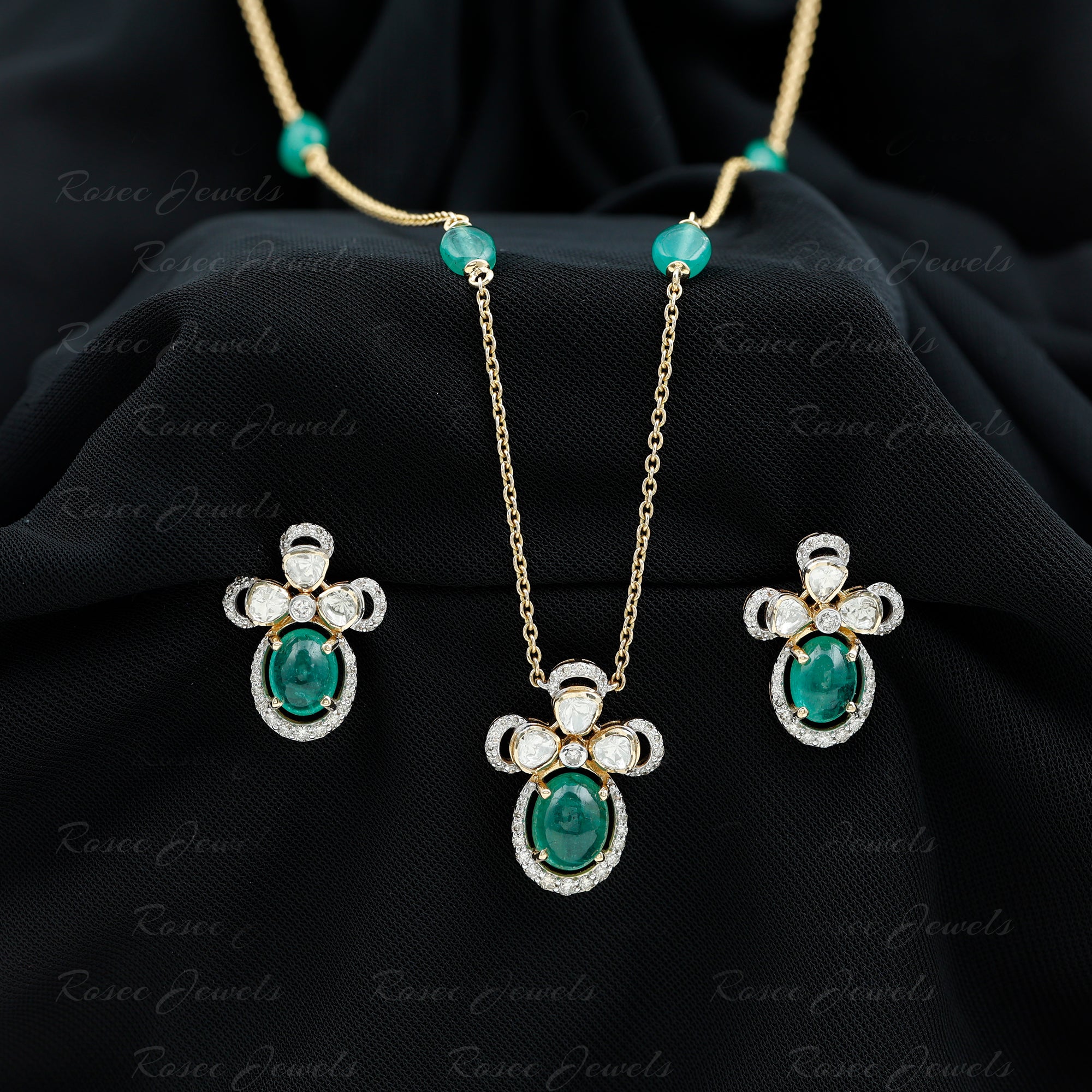 Oval Emerald Cabs and Polki Diamond Floral Jewelry Set in 18k Gold 18K Yellow Gold - Rosec Jewels