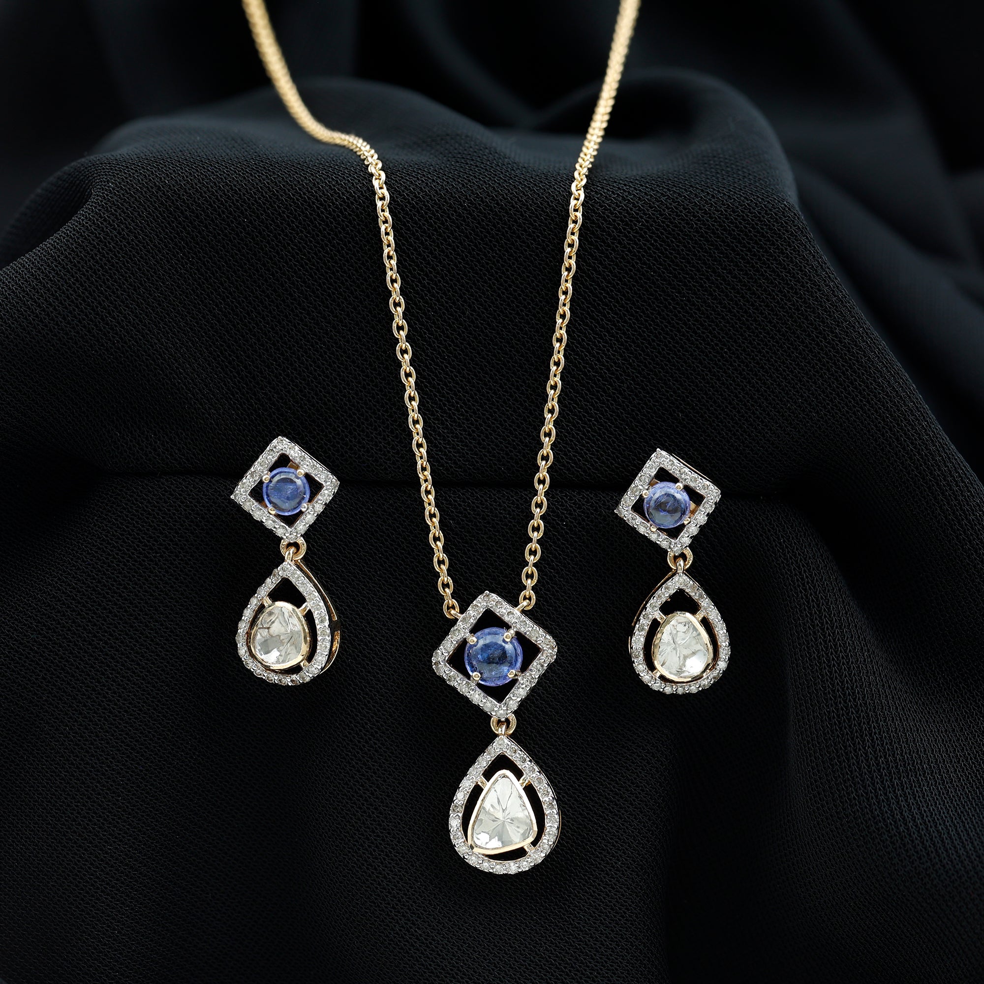 Polki Diamond and Tanzanite Drop Necklace and Earrings Set 18K Yellow Gold - Rosec Jewels
