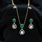 Oval Emerald and Polki Diamond Teardrop Necklace and Earrings 18K Yellow Gold - Rosec Jewels