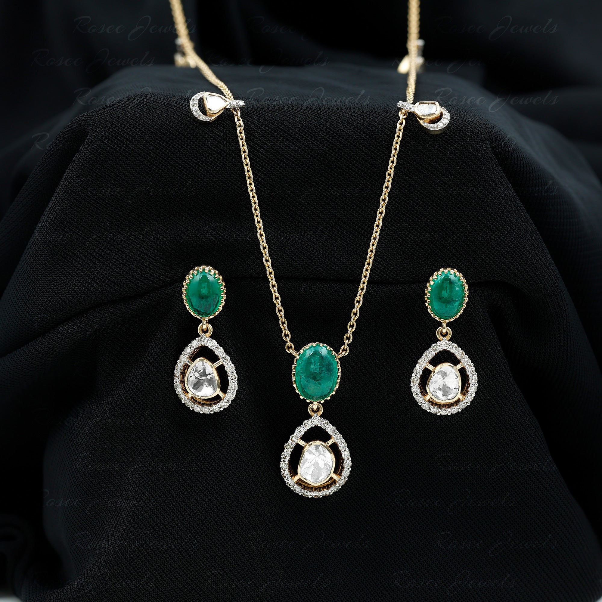 Oval Emerald and Polki Diamond Teardrop Necklace and Earrings 18K Yellow Gold - Rosec Jewels