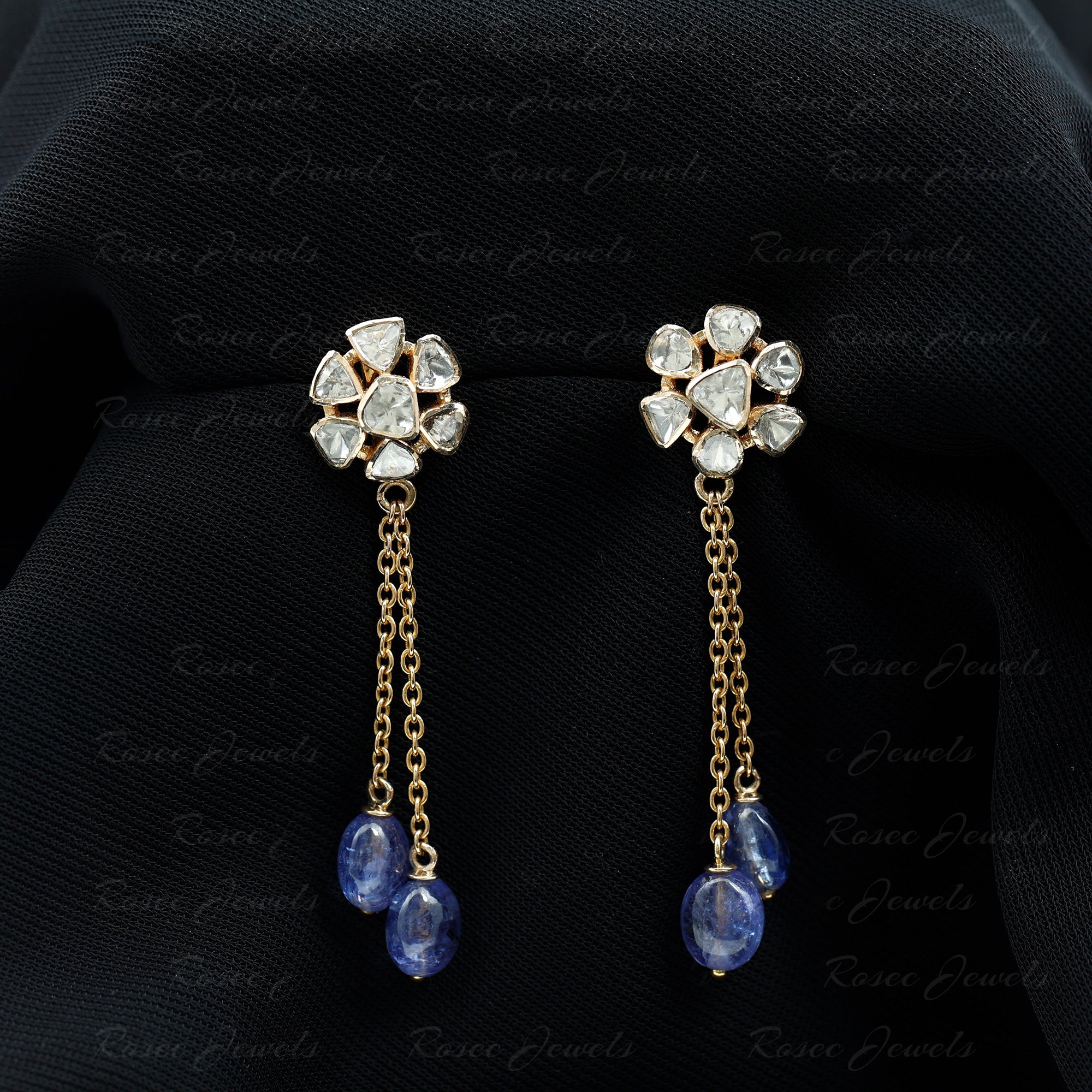 Floral Polki Diamond and Tanzanite Dangle Earrings 14K Yellow Gold - Rosec Jewels