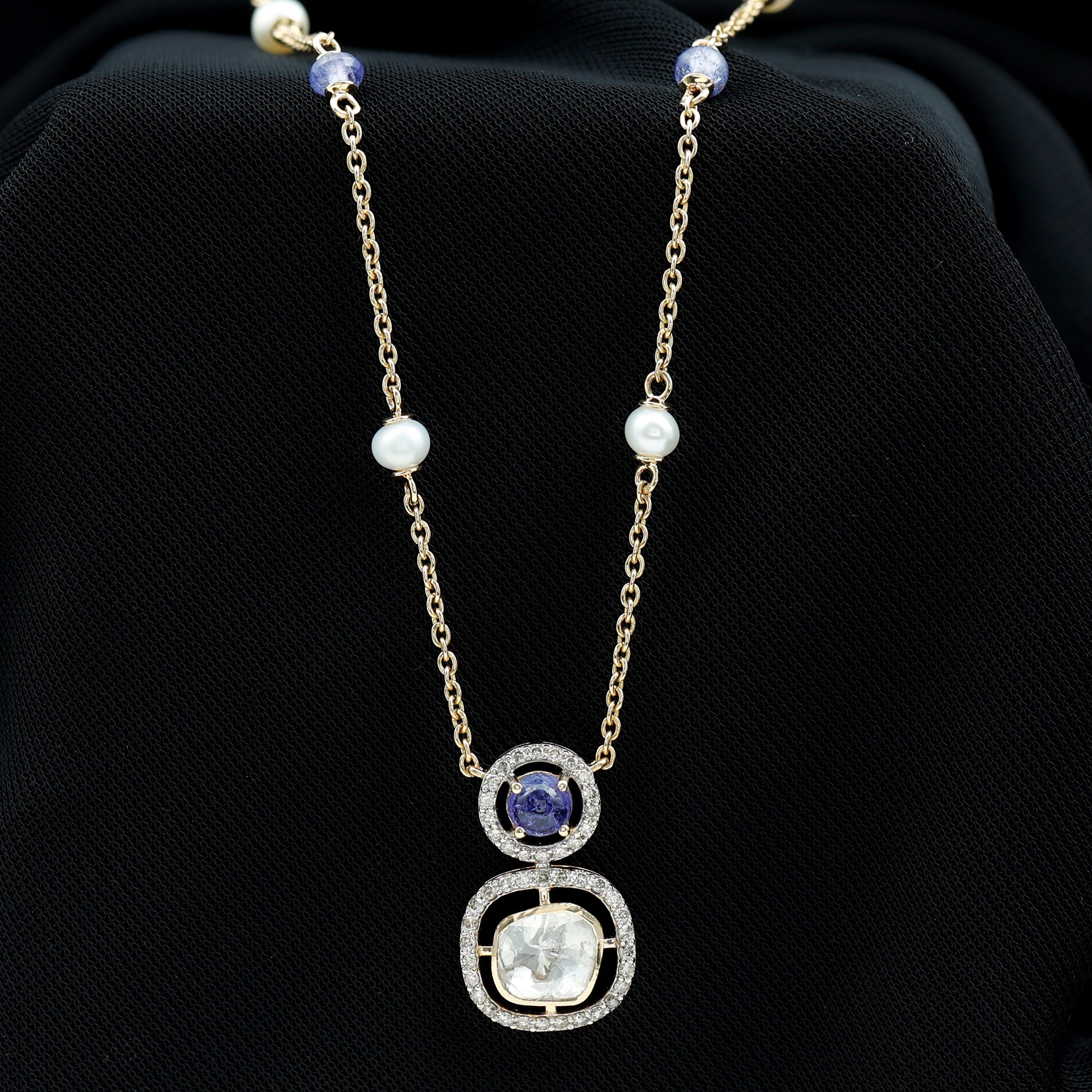 Polki Diamond and Tanzanite Dangle Necklace with Freshwater Pearl Station Chain 18K Yellow Gold - Rosec Jewels