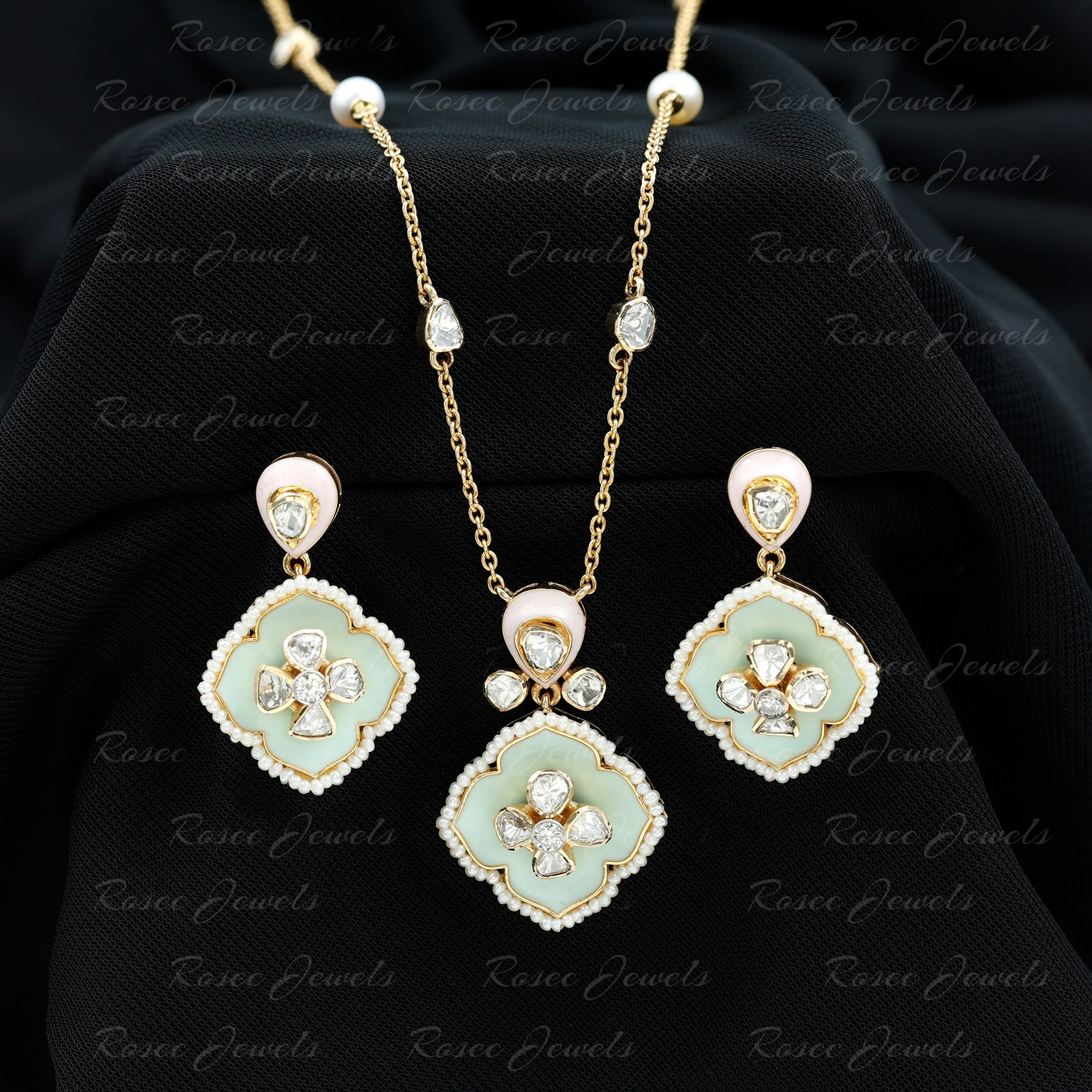 Polki Diamond and Enamel Flower Necklace Set with Freshwater Pearl 14K Yellow Gold - Rosec Jewels