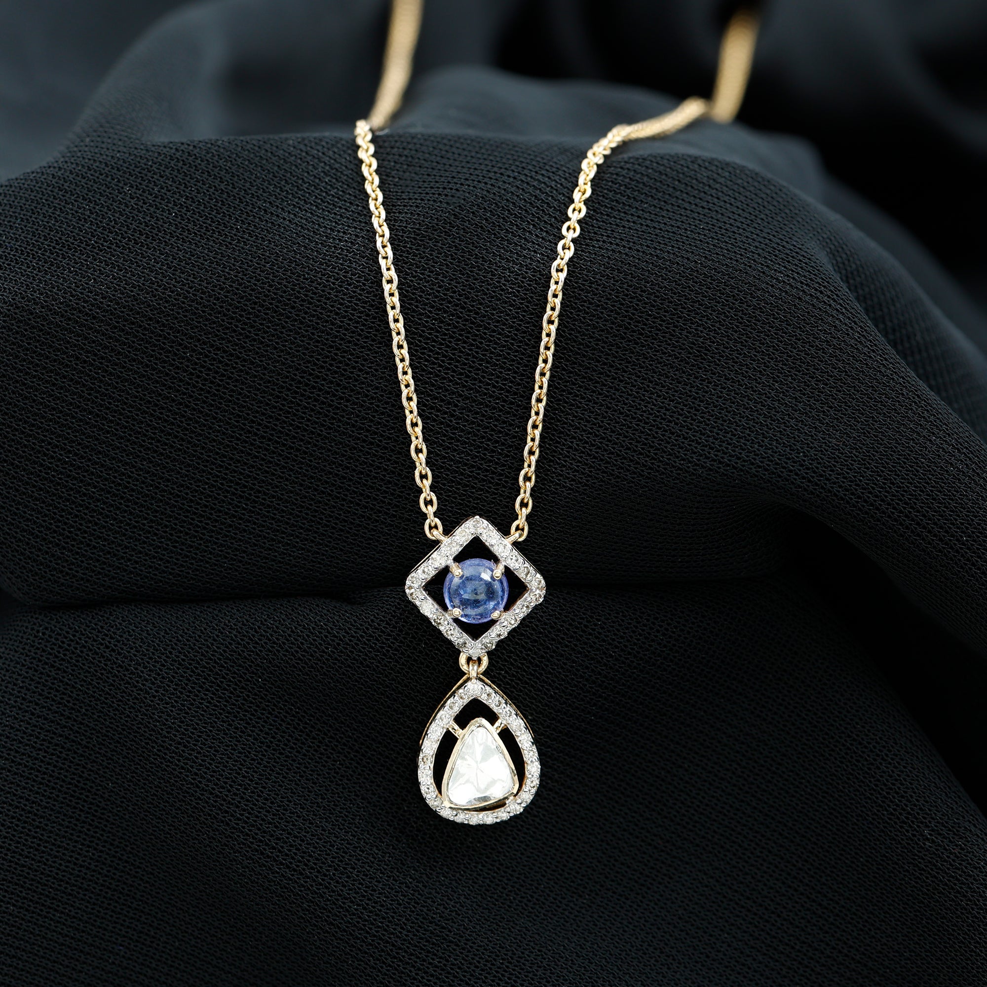 Dangle Drop Necklace with Polki Diamond and Tanzanite 18K Yellow Gold - Rosec Jewels