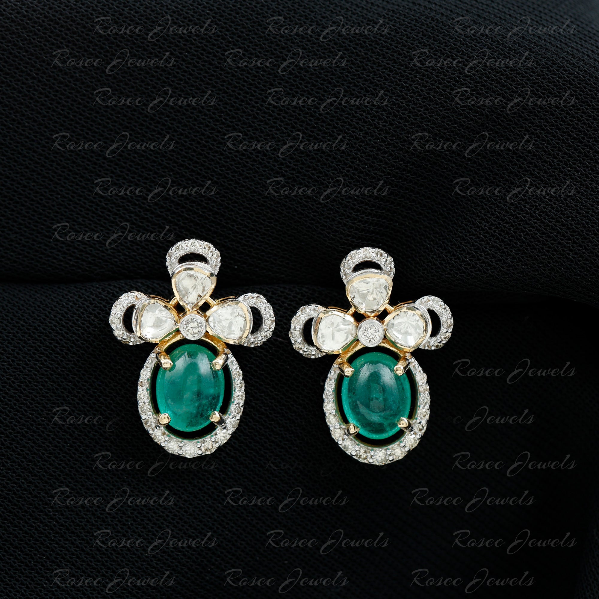 Oval Emerald and Uncut Diamond Flower Stud Earrings 18K Yellow Gold - Rosec Jewels