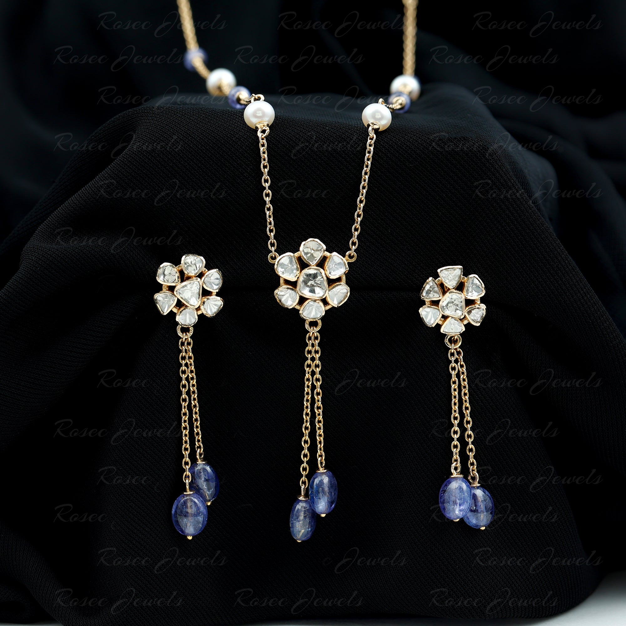 Polki Diamond Flower Jewelry Set with Dangling Tanzanite Beads 14K Yellow Gold - Rosec Jewels