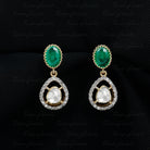 Polki Diamond Teardrop Earrings with Oval Emerald 18K Yellow Gold - Rosec Jewels