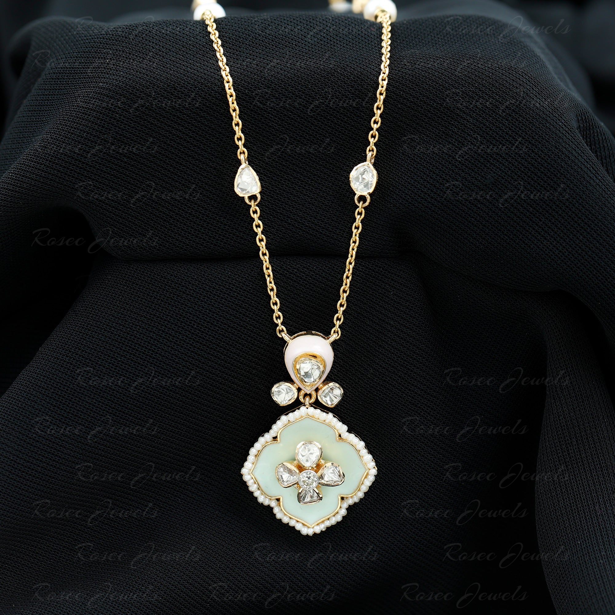 Vintage Style Polki Diamond Flower Pendant Necklace with Enamel 18K Yellow Gold - Rosec Jewels