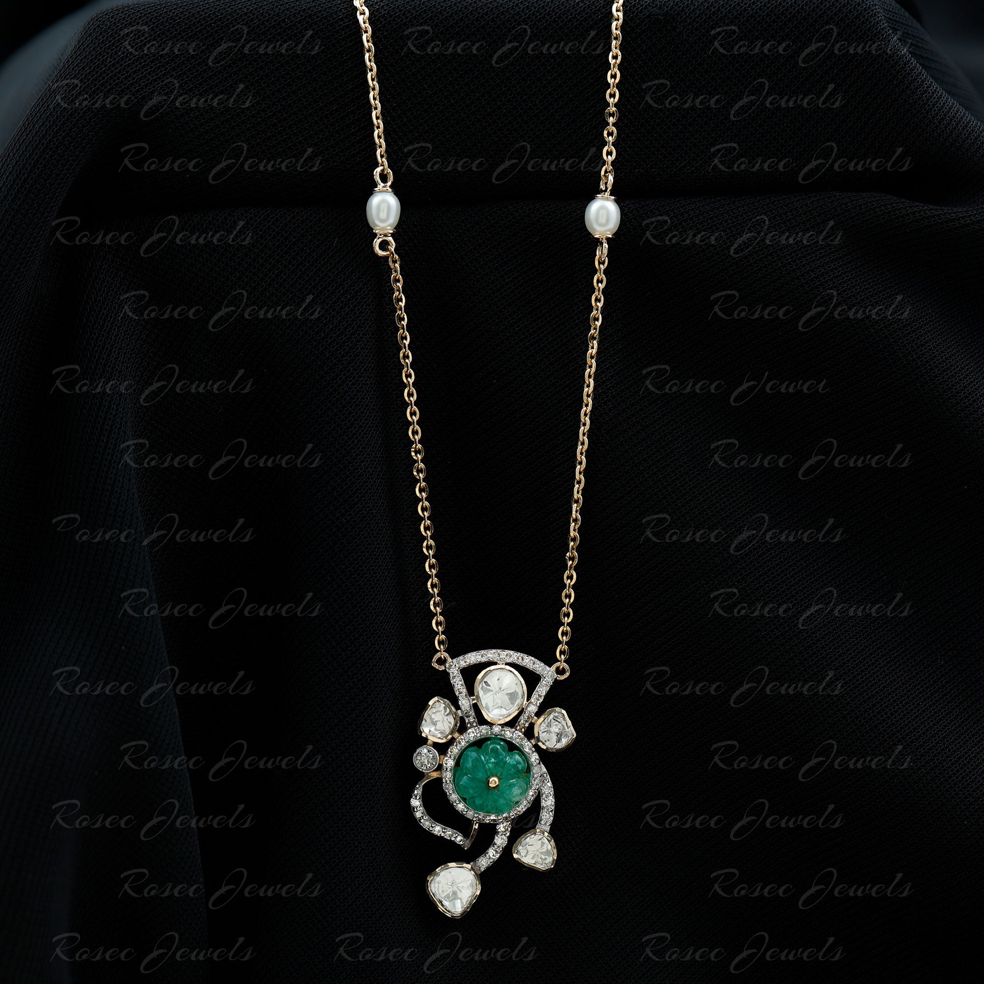 Created Emerald and Uncut Diamond Designer Necklace with Freshwater Pearls 14K Yellow Gold - Rosec Jewels