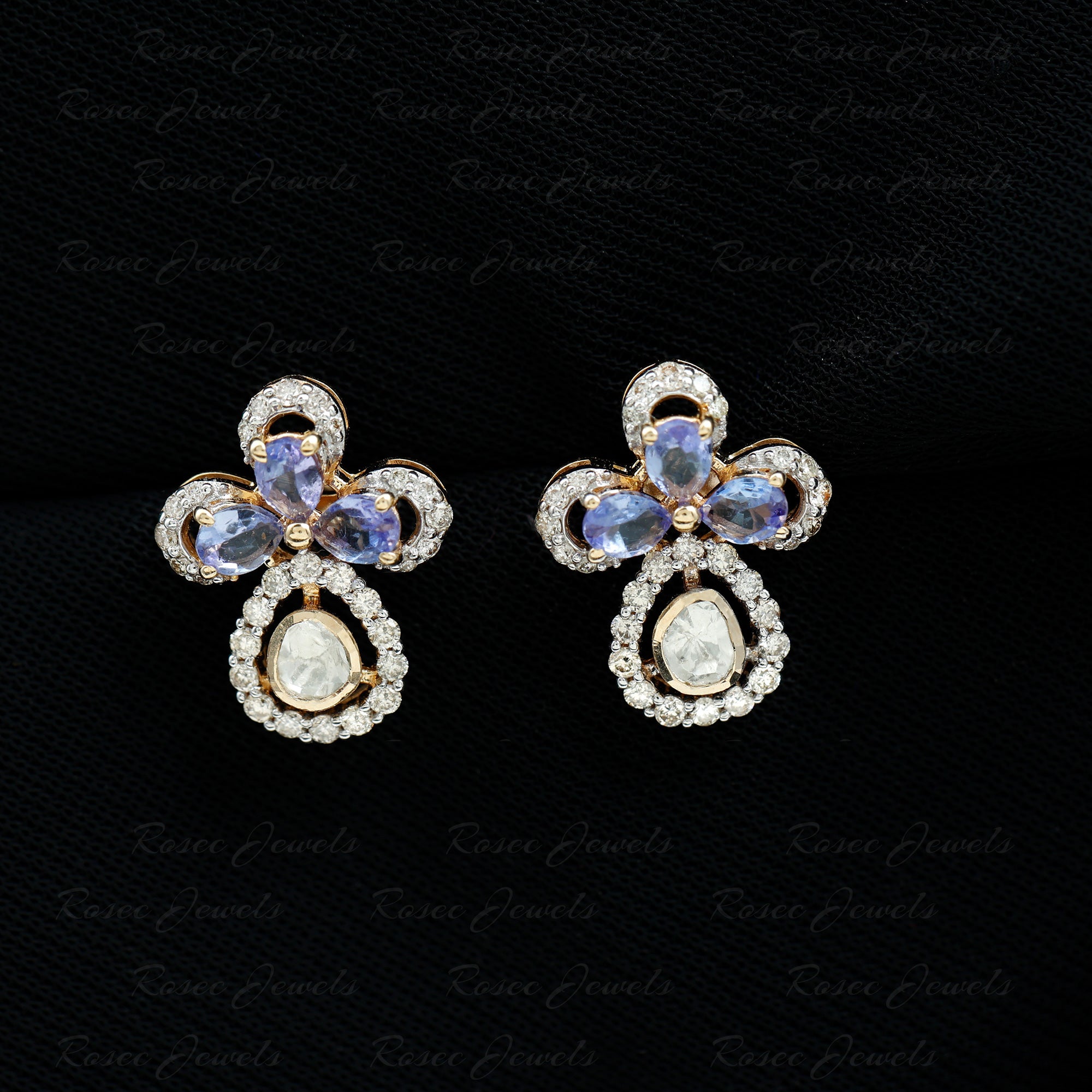 Floral Stud Earrings with Polki Diamond and Pear Cut Tanzanite 14K Yellow Gold - Rosec Jewels