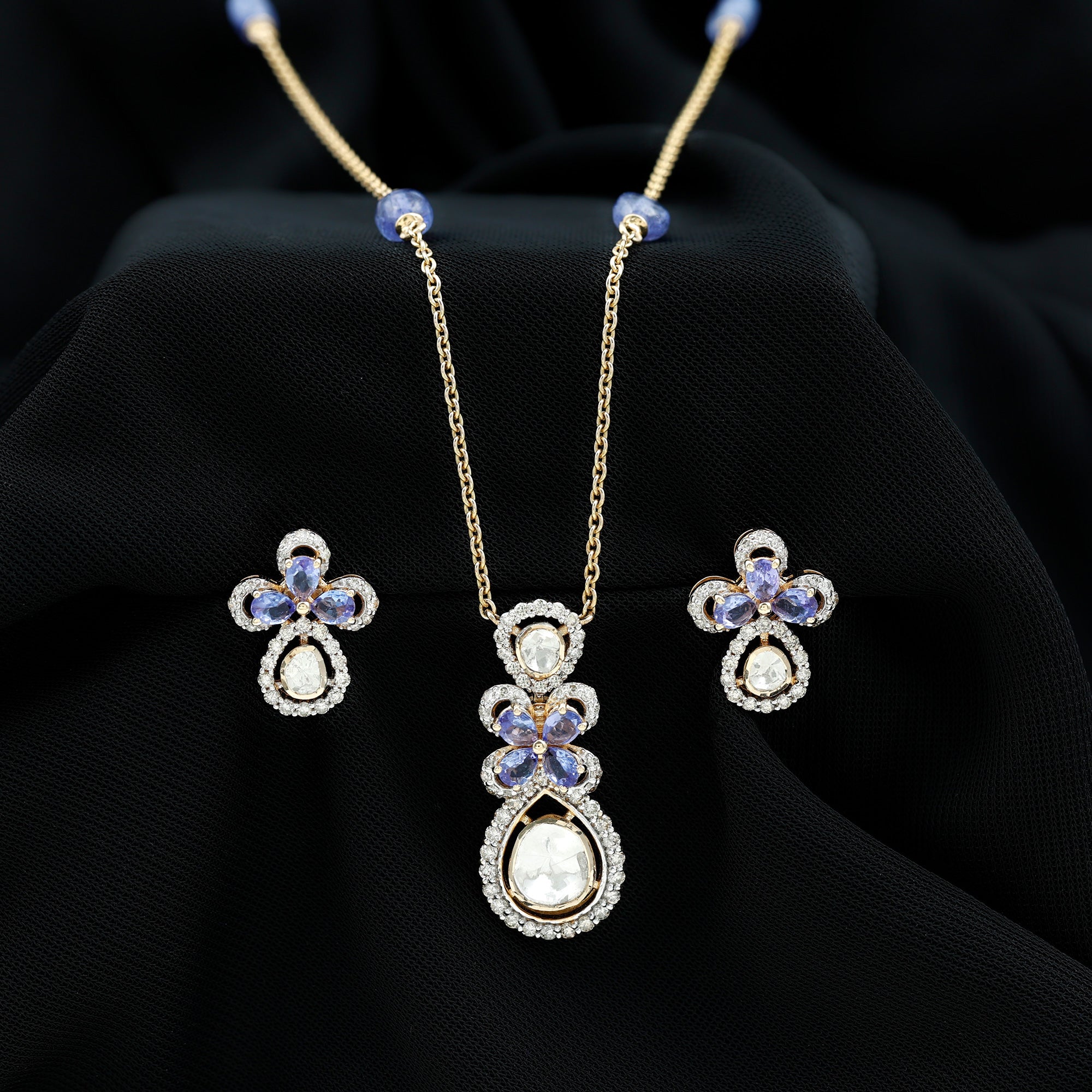 Pear Cut Tanzanite and Polki Diamond Drop Pendant and Earrings in 14k Gold 14K Yellow Gold - Rosec Jewels