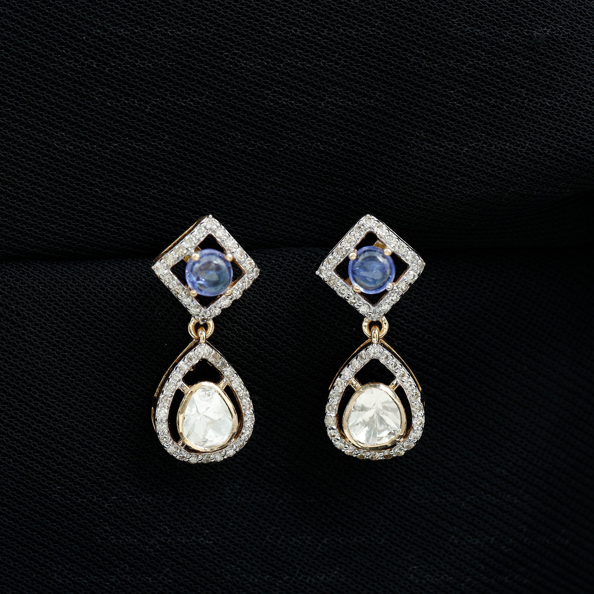 Victorian Style Polki Diamond and Tanzanite Drop Earrings in Gold 18K Yellow Gold - Rosec Jewels