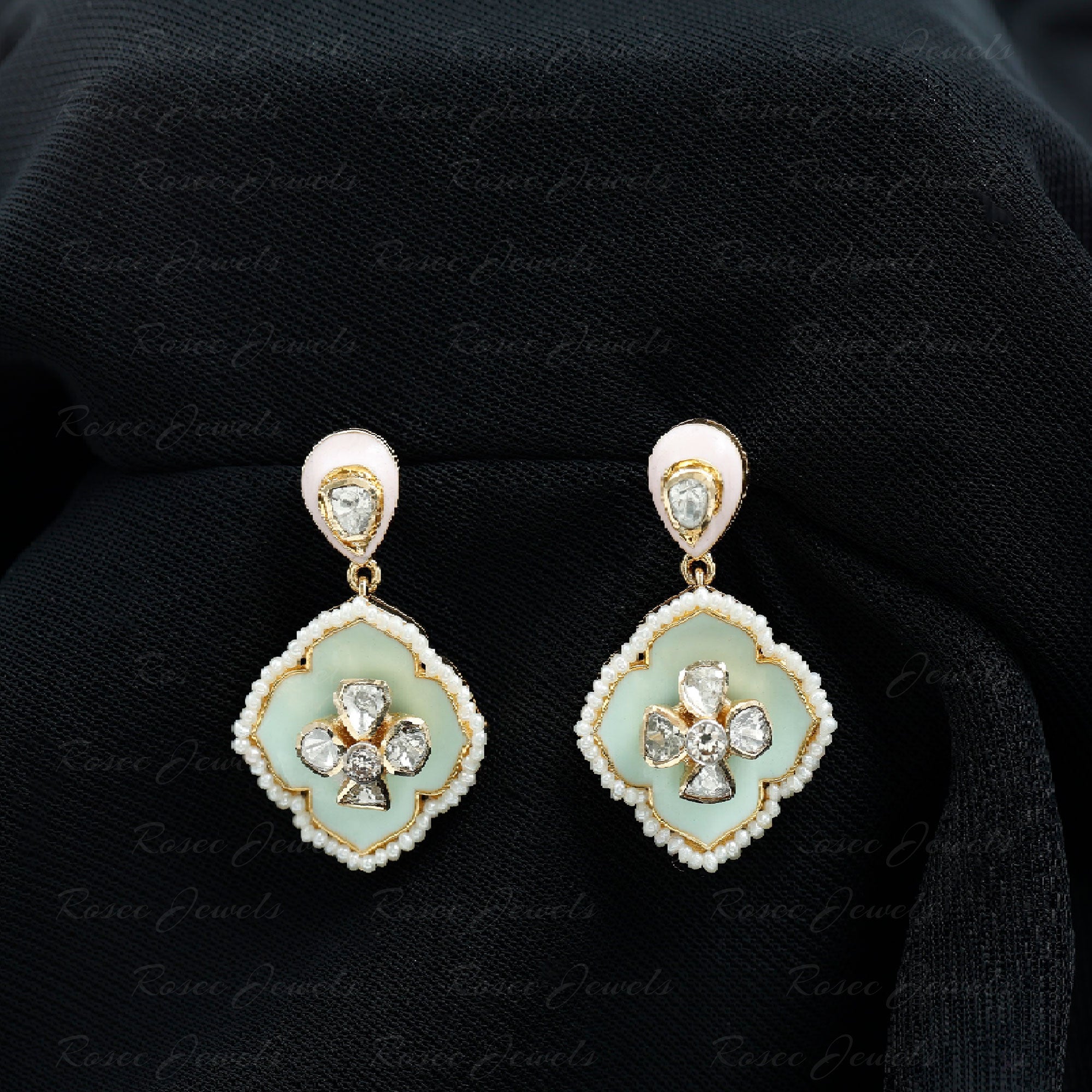 Flower Drop Earrings with Polki Diamond and Enamel 18K Yellow Gold - Rosec Jewels