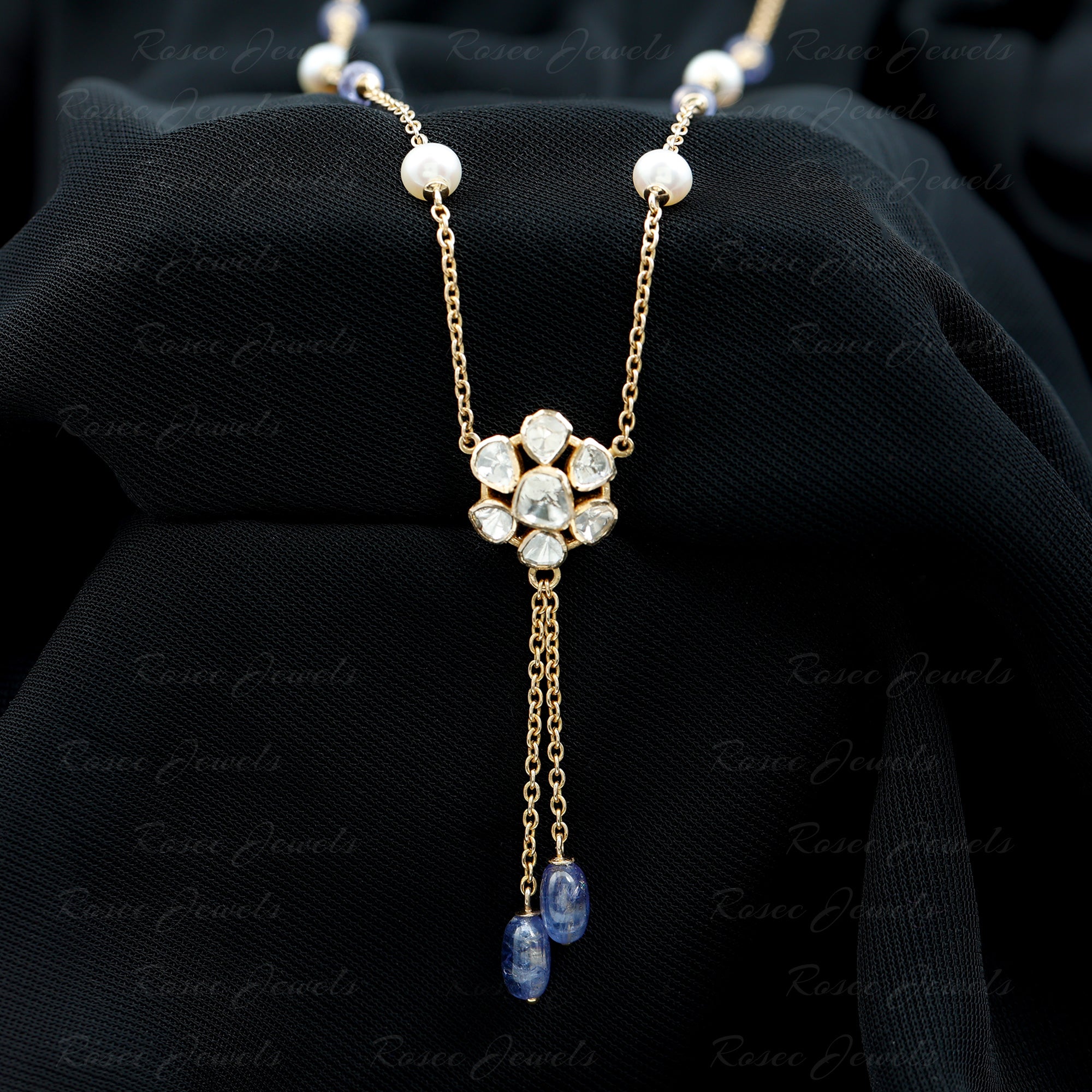 Polki Diamond Flower Dangle Necklace with Tanzanite and Freshwater Pearl 14K Yellow Gold - Rosec Jewels