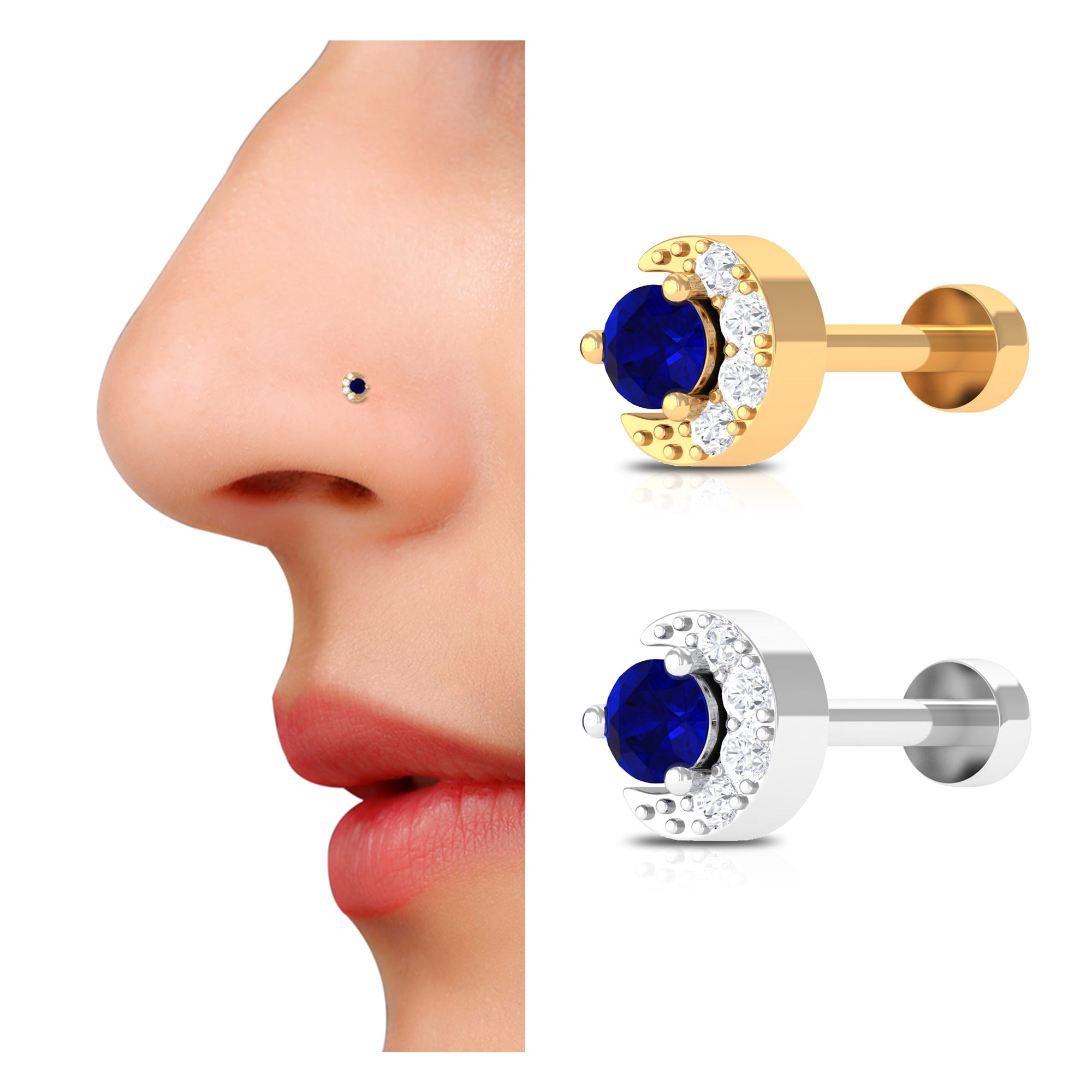 Minimal Blue Sapphire Moon Nose Pin in Gold Blue Sapphire - ( AAA ) - Quality - Rosec Jewels