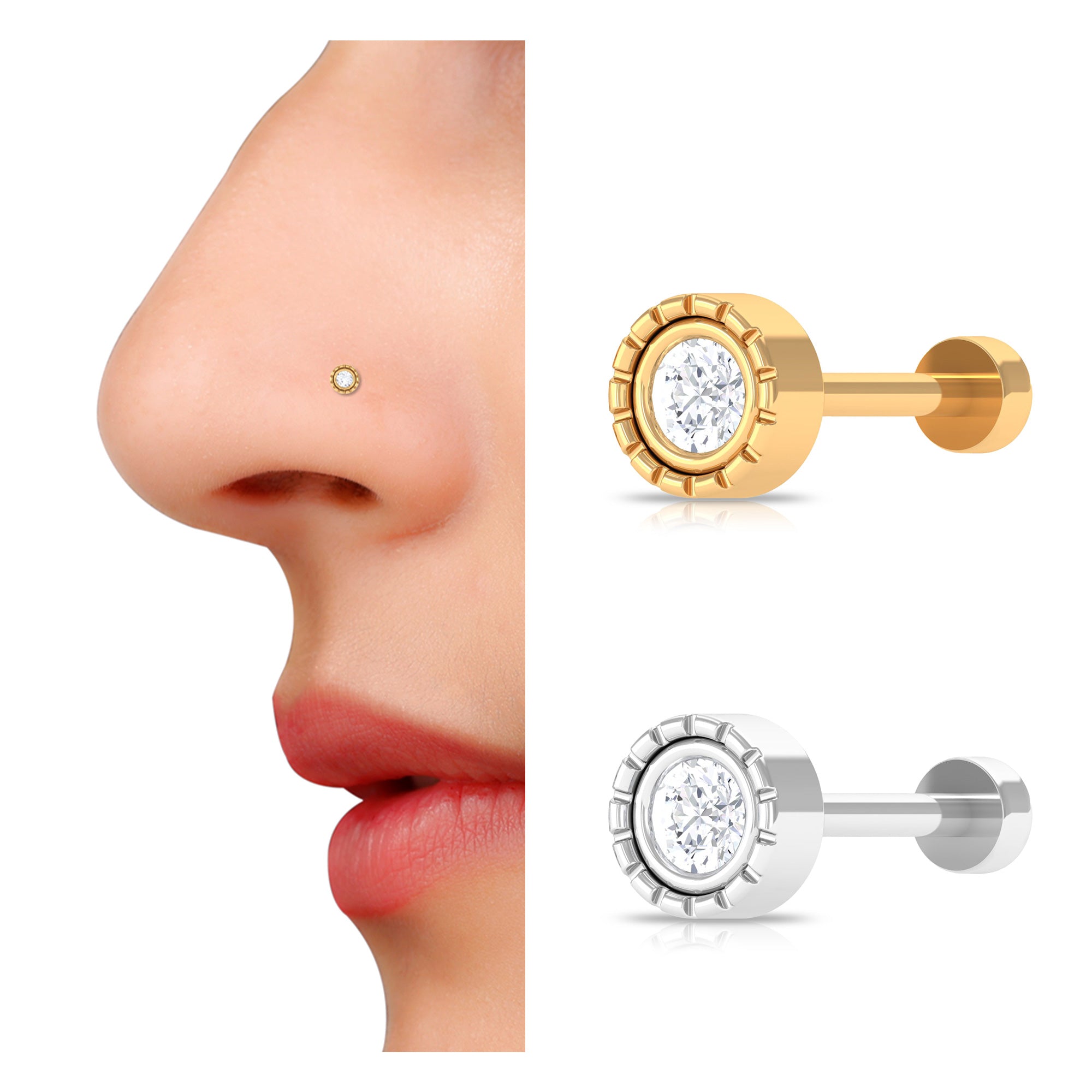 Round Diamond Gold Nose Pin in Bezel Setting Diamond - ( HI-SI ) - Color and Clarity - Rosec Jewels