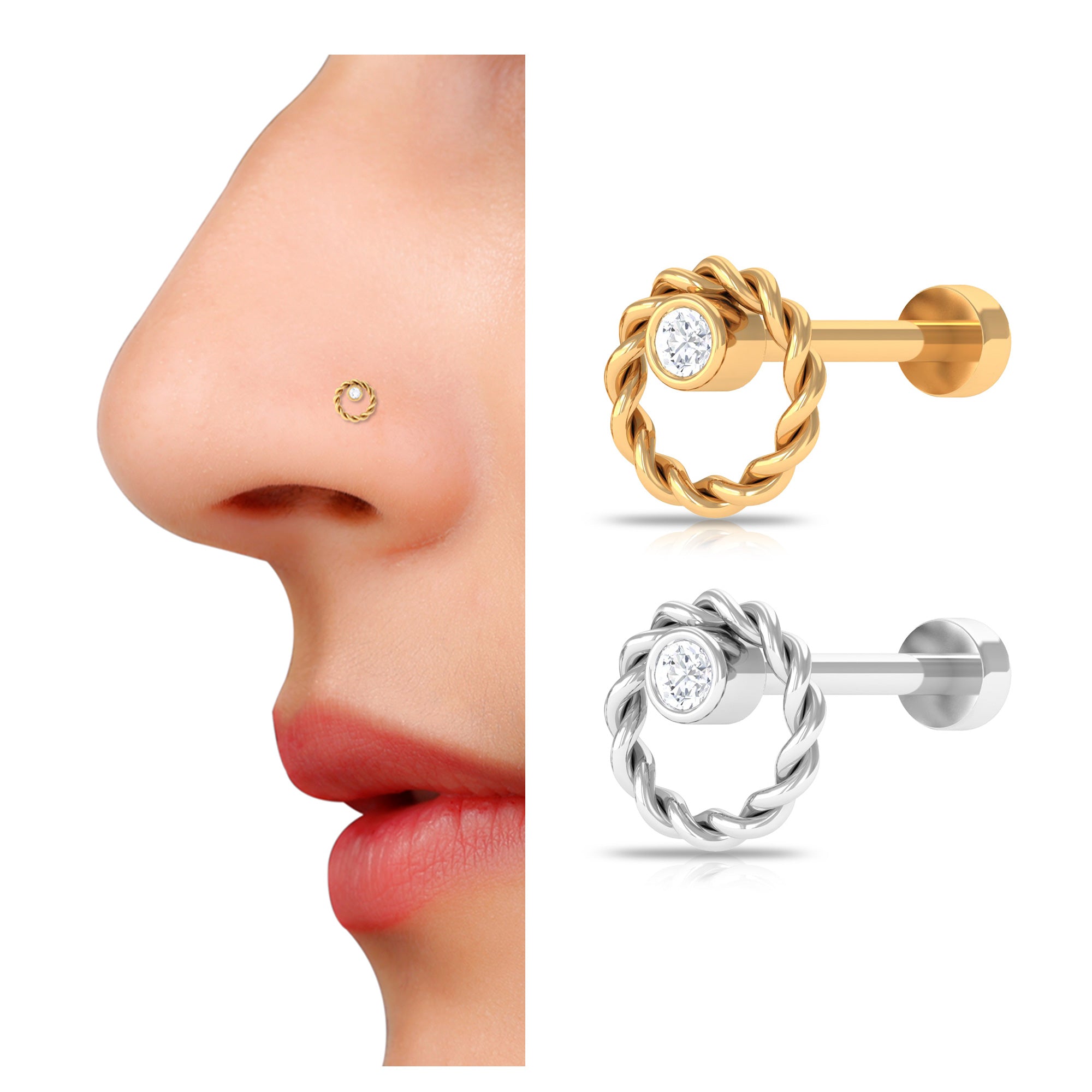 Bezel Set Round Diamond Nose Pin with Twisted Rope Diamond - ( HI-SI ) - Color and Clarity - Rosec Jewels