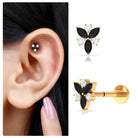 Black Onyx and Moissanite Flower Earring for Rook Piercing Black Onyx - ( AAA ) - Quality - Rosec Jewels