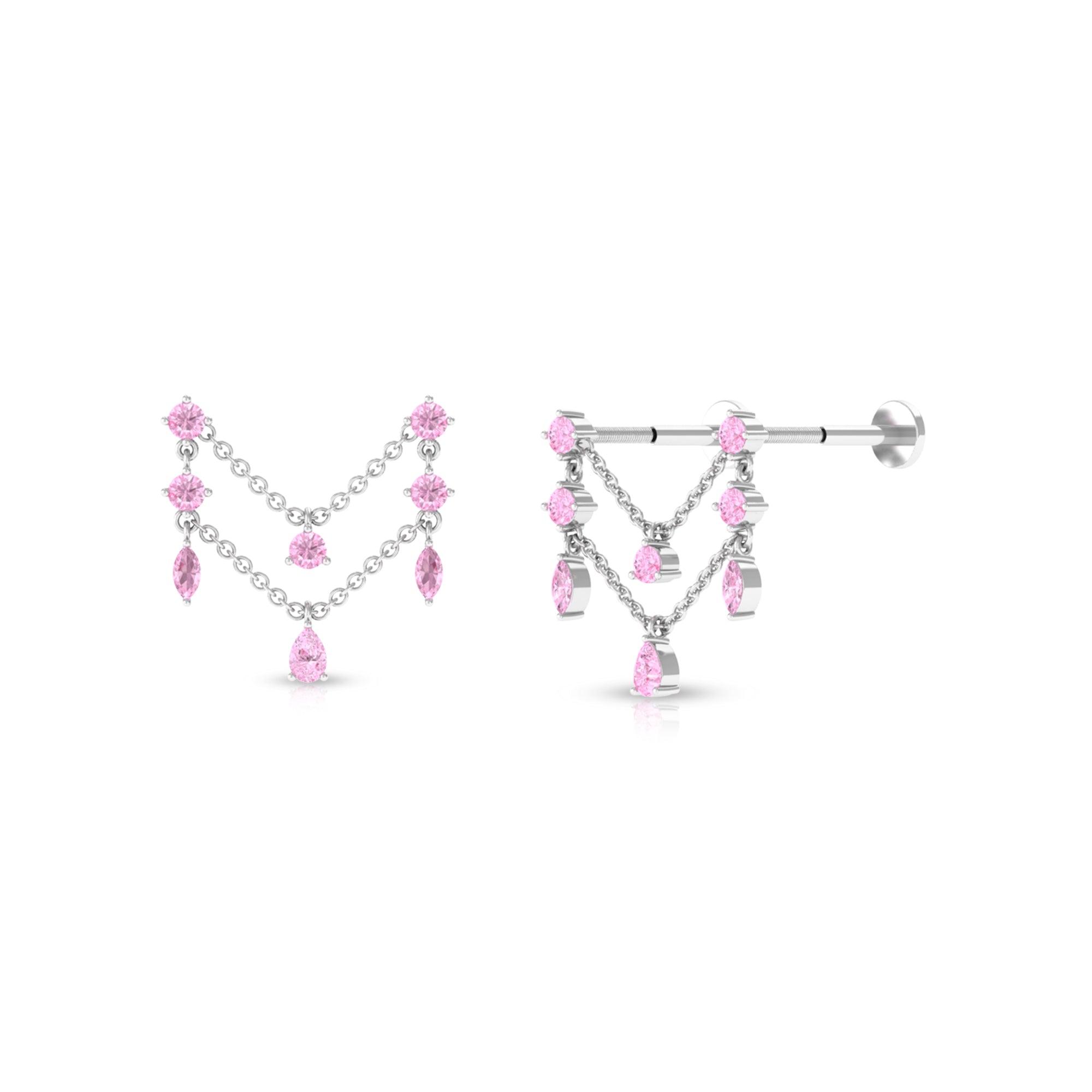 Real Pink Sapphire Double Piercing Chain Earring Pink Sapphire - ( AAA ) - Quality - Rosec Jewels