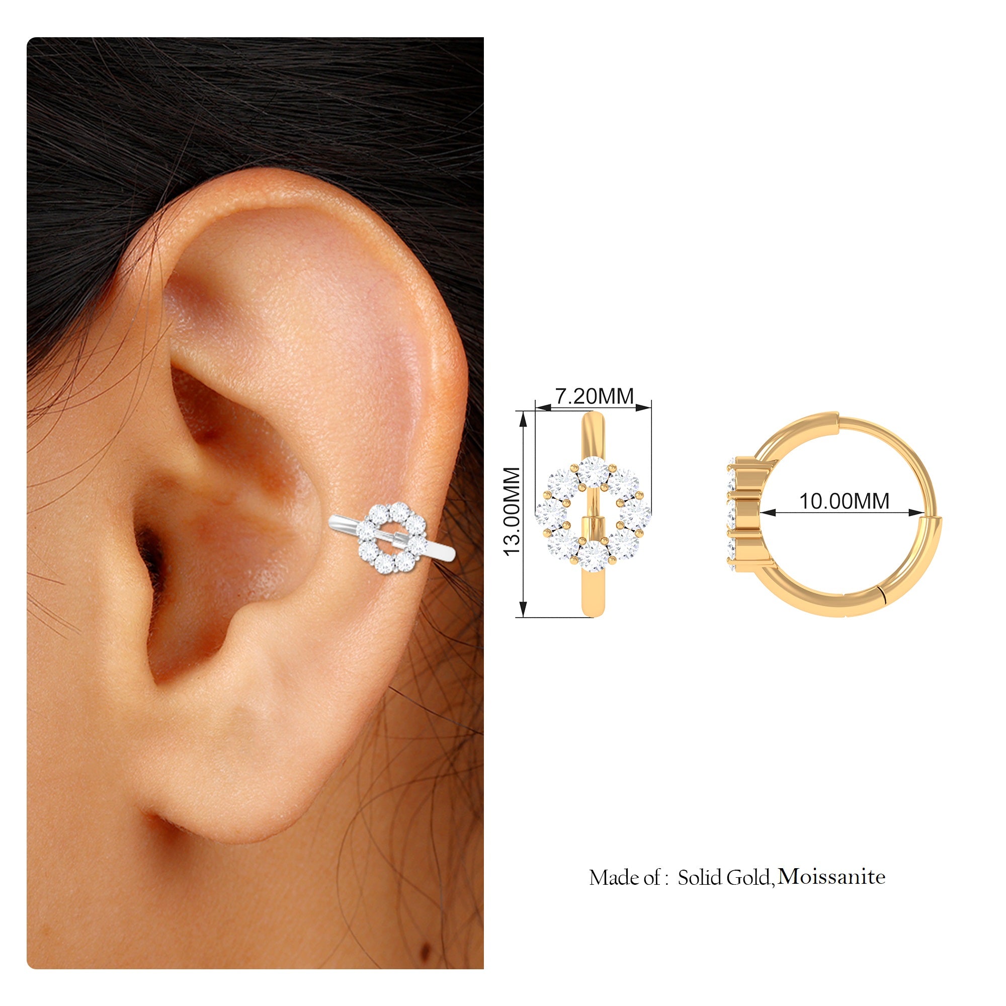 Round Moissanite Gold Huggie Hoop for Conch Piercing Moissanite - ( D-VS1 ) - Color and Clarity - Rosec Jewels