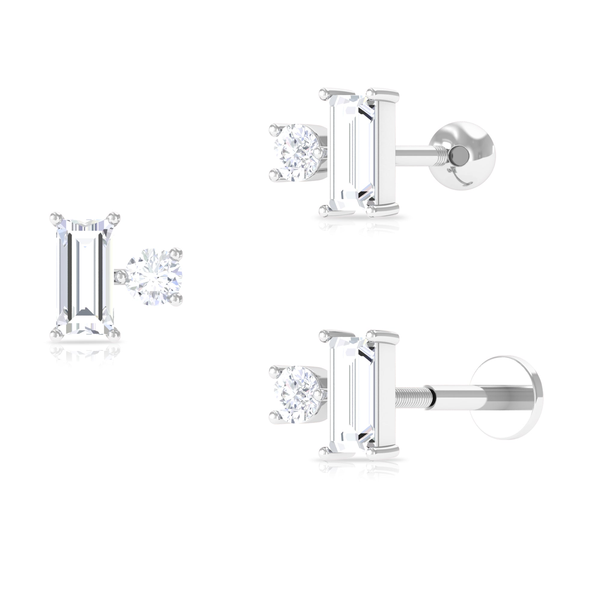 Baguette and Round Moissanite Tragus Earring in Gold Moissanite - ( D-VS1 ) - Color and Clarity - Rosec Jewels