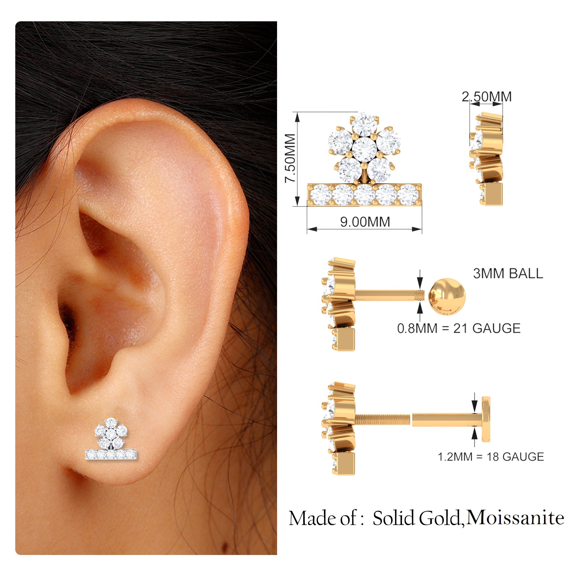 Unique Moissanite Floral Earring for Cartilage Piercing Moissanite - ( D-VS1 ) - Color and Clarity - Rosec Jewels