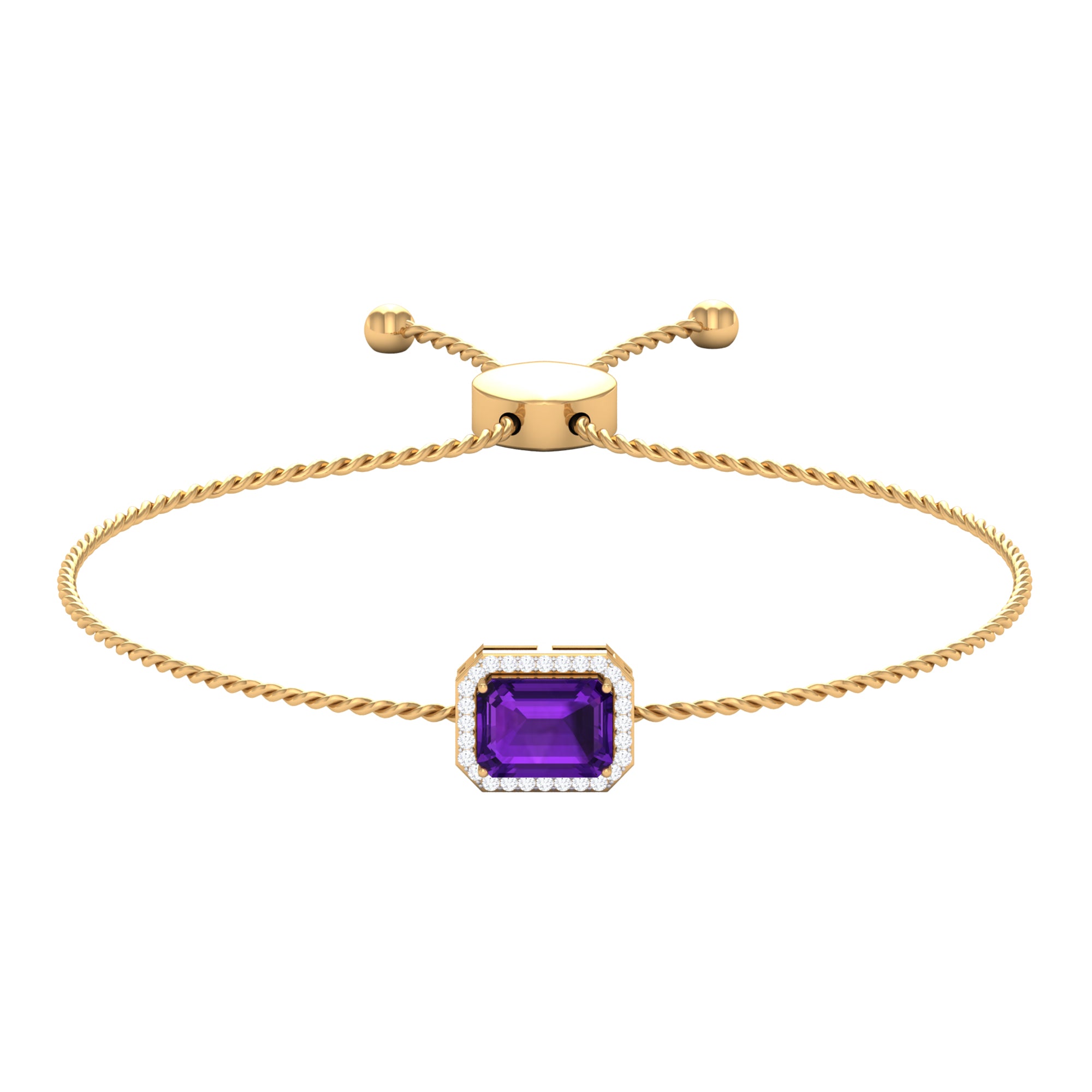 6X8 MM Octagon Cut Amethyst Bolo Chain Bracelet with Diamond Accent Amethyst - ( AAA ) - Quality - Rosec Jewels