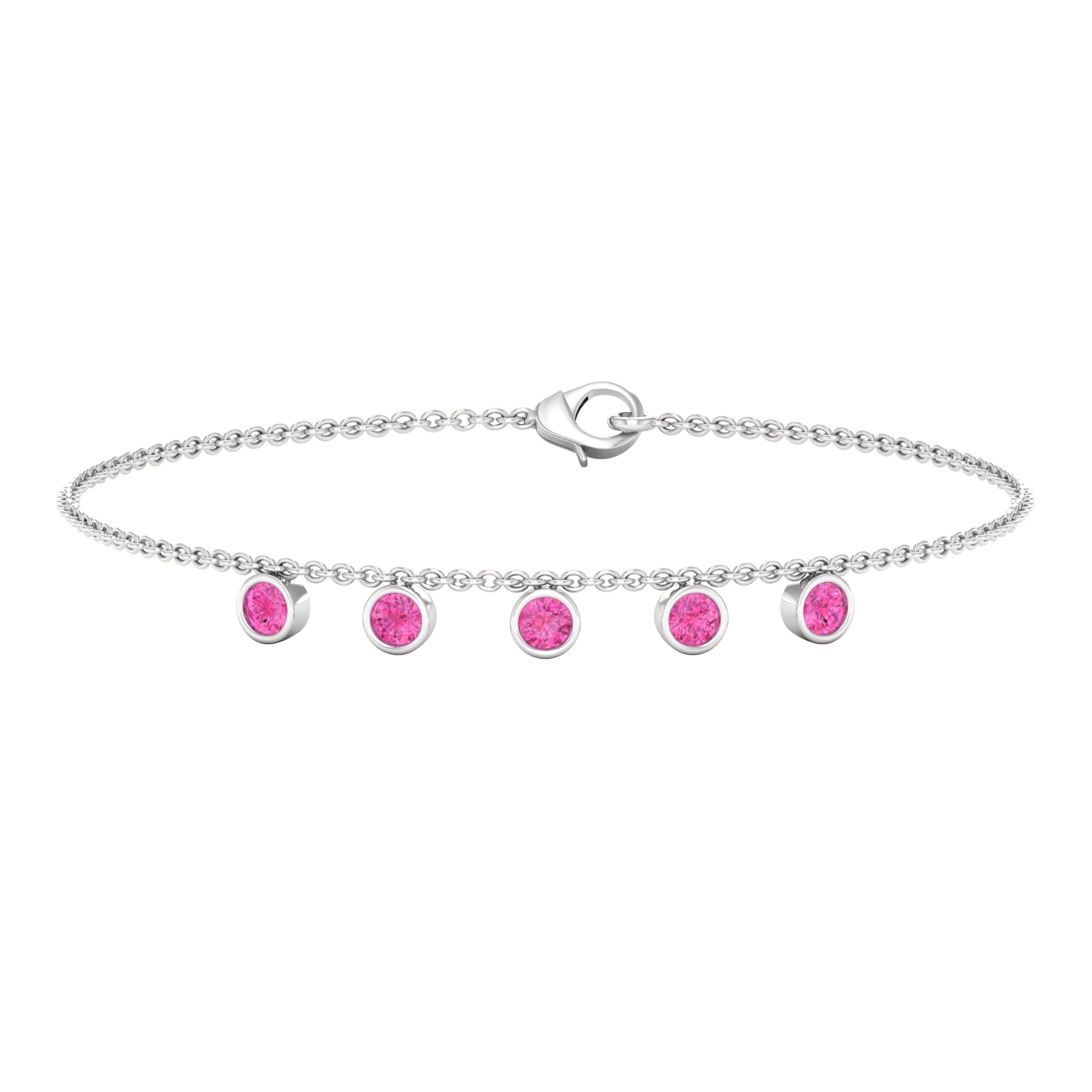 Round Pink Sapphire Station Chain Bracelet Pink Sapphire - ( AAA ) - Quality - Rosec Jewels
