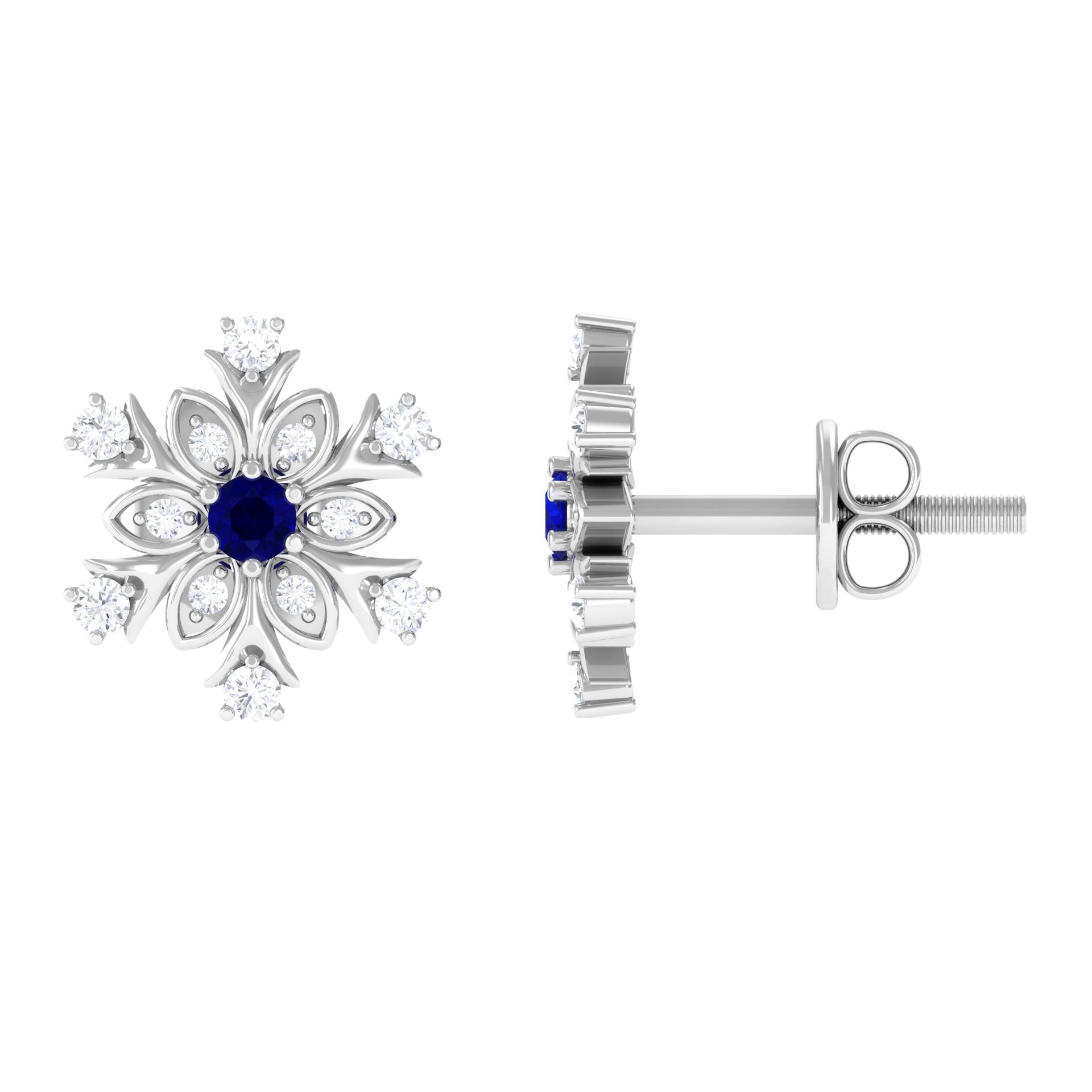 Lab Created Blue Sapphire and Moissanite Snowflake Stud Earrings Lab Created Blue Sapphire - ( AAAA ) - Quality - Rosec Jewels