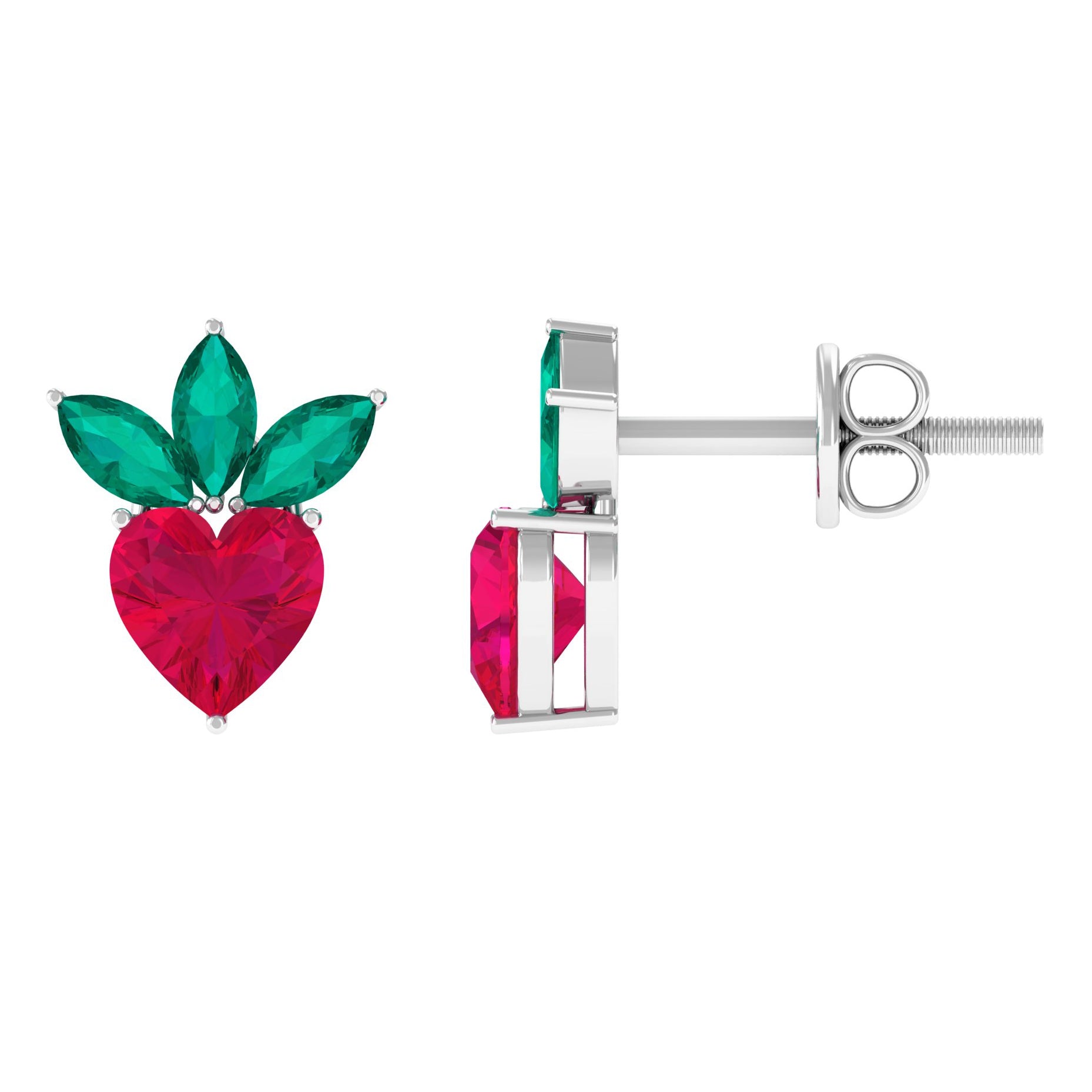 Strawberry Stud Earrings with Heart Shape Created Ruby and Marquise Cut Created Emerald Lab Created Ruby - ( AAAA ) - Quality - Rosec Jewels