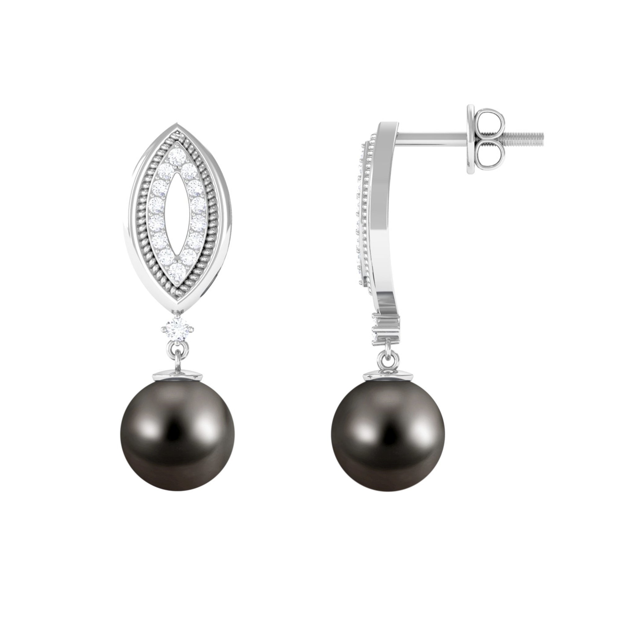Classic Tahitian Pearl Drop Earrings with Diamond Tahitian pearl - ( AAA ) - Quality - Rosec Jewels