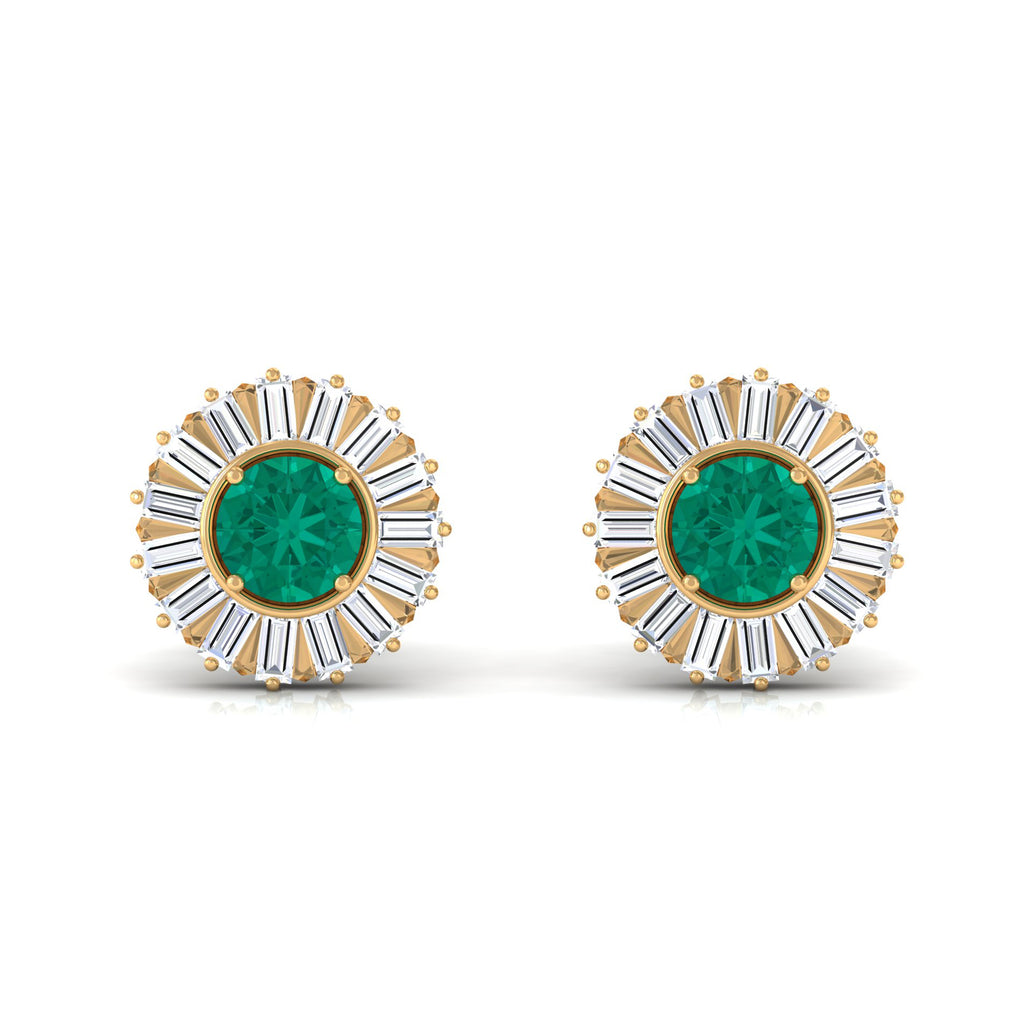 1 CT Prong Set Emerald Stud Earrings with Baguette Diamond Halo Emerald - ( AAA ) - Quality - Rosec Jewels