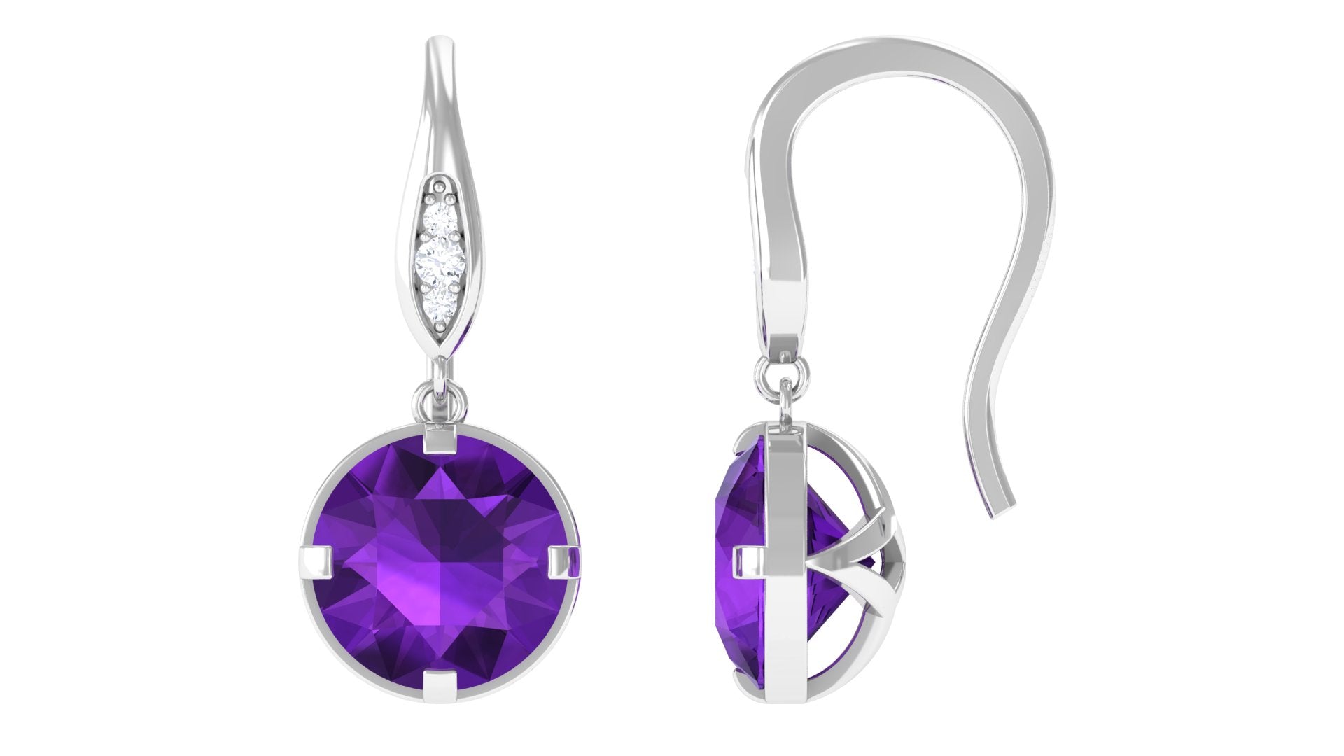 Natural Amethyst Solitaire Drop Earrings with Diamond Amethyst - ( AAA ) - Quality - Rosec Jewels