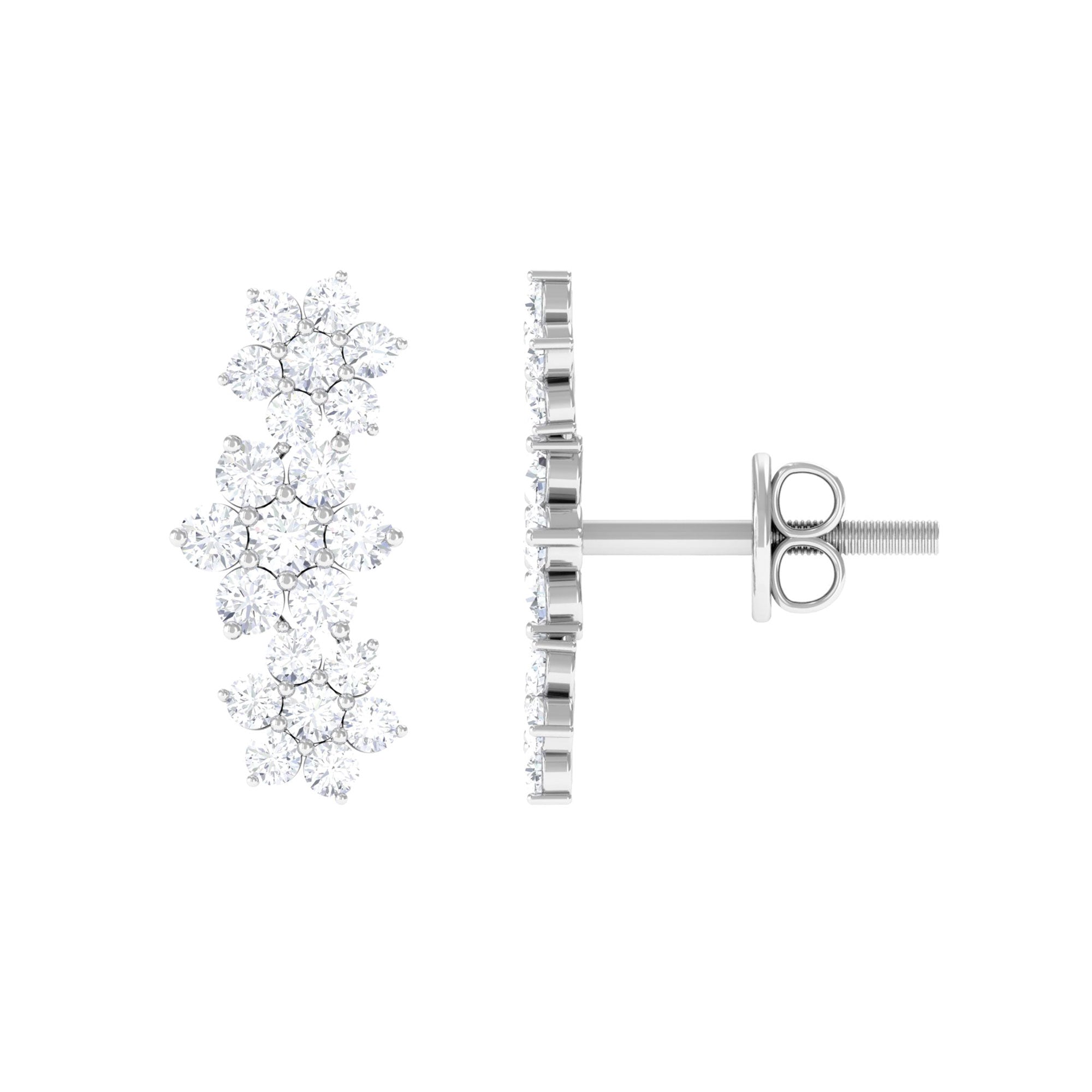 Cluster Flower Climber Earrings with Round Moissanite Moissanite - ( D-VS1 ) - Color and Clarity - Rosec Jewels