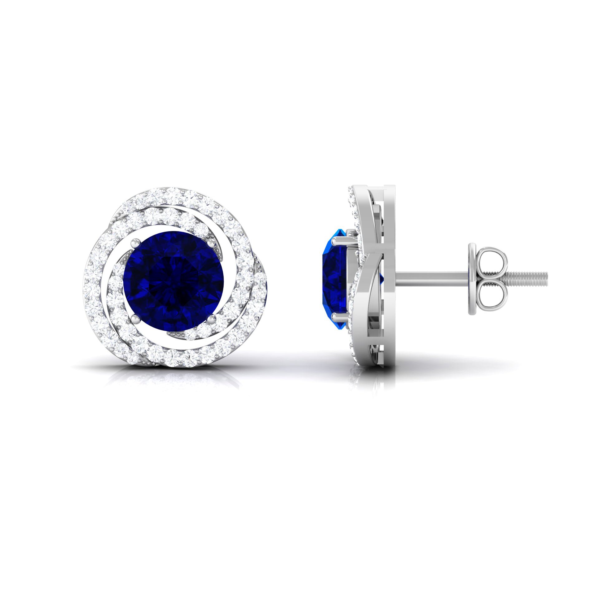 Created Blue Sapphire and Diamond Swirl Stud Earrings Lab Created Blue Sapphire - ( AAAA ) - Quality - Rosec Jewels