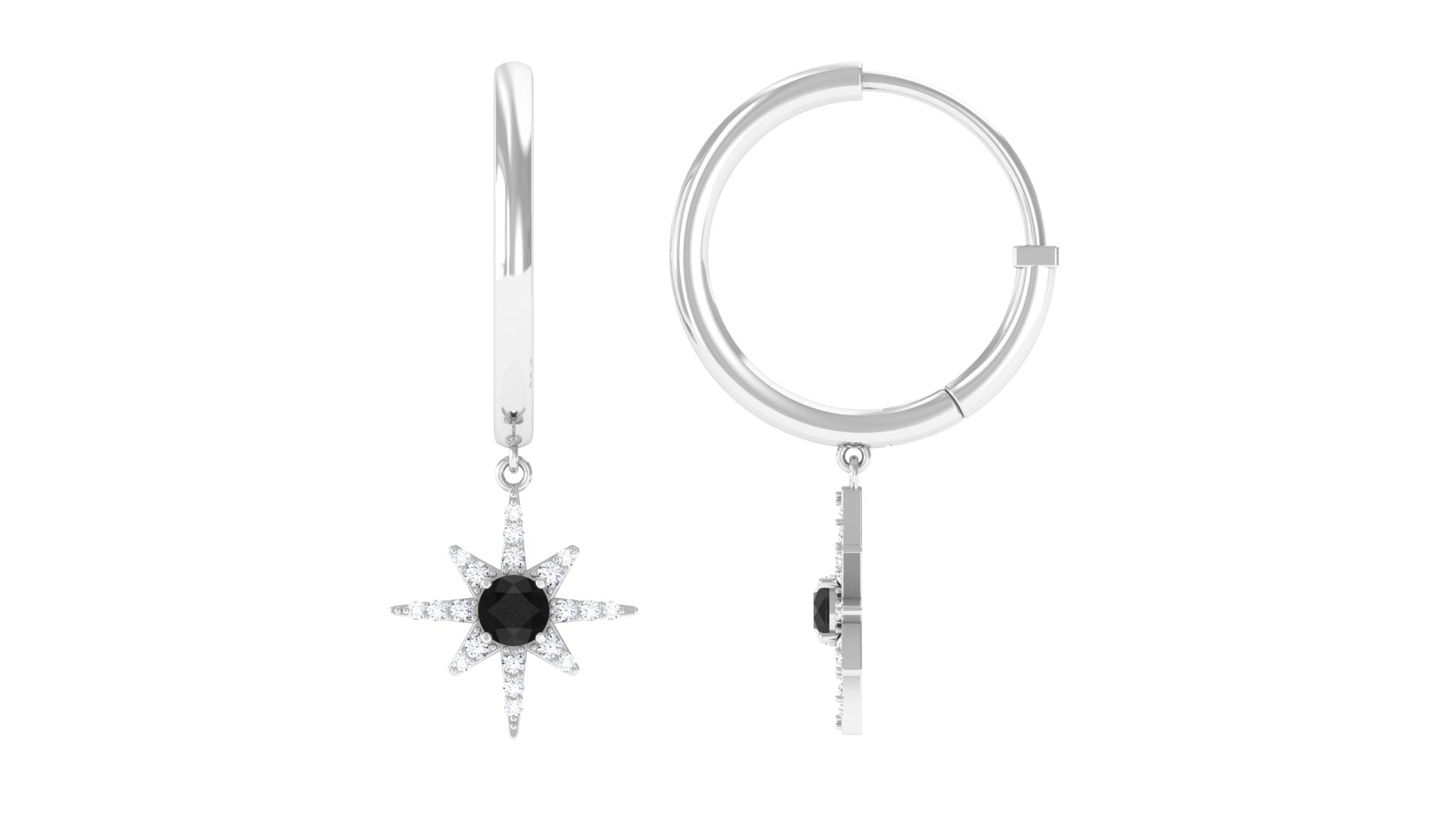 Created Black Diamond and Diamond Sunburst Hoop Earrings Lab Created Black Diamond - ( AAAA ) - Quality - Rosec Jewels