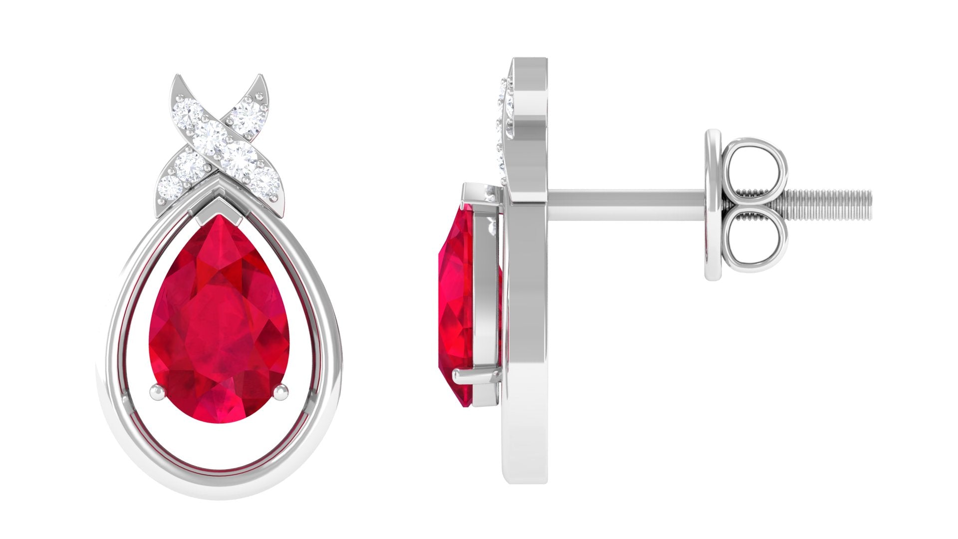 Classic Created Ruby and Diamond Teardrop Stud Earrings Lab Created Ruby - ( AAAA ) - Quality - Rosec Jewels
