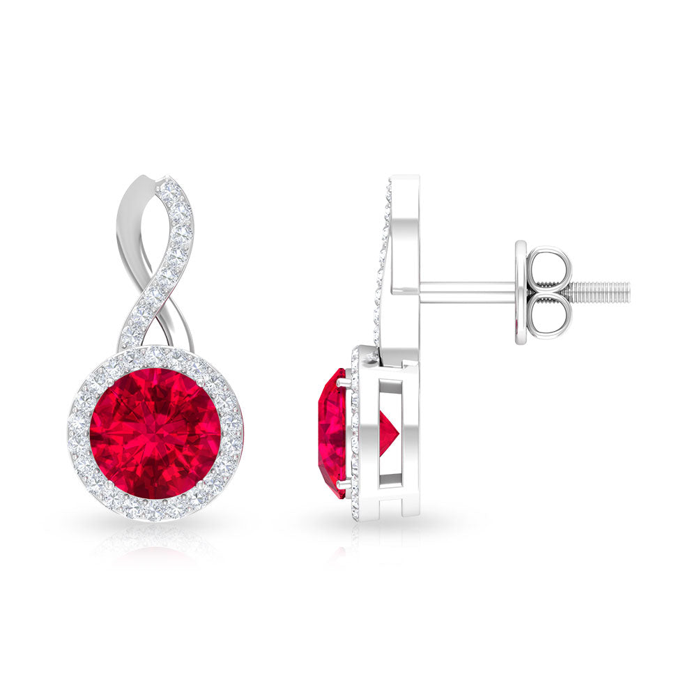 Infinity Drop Halo Earrings with 1.50 CT Diamonds and Created Ruby