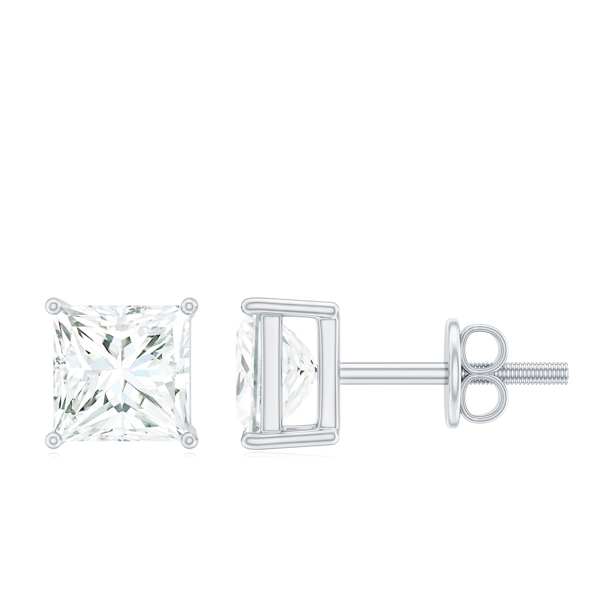 Solitaire Stud Earrings with Princess Cut Moissanite Moissanite - ( D-VS1 ) - Color and Clarity - Rosec Jewels