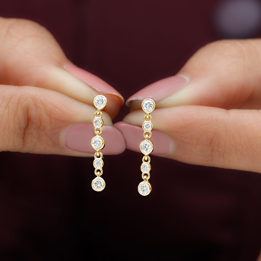 Bezel Set Round Moissanite Dangle Earrings in Gold Moissanite - ( D-VS1 ) - Color and Clarity - Rosec Jewels