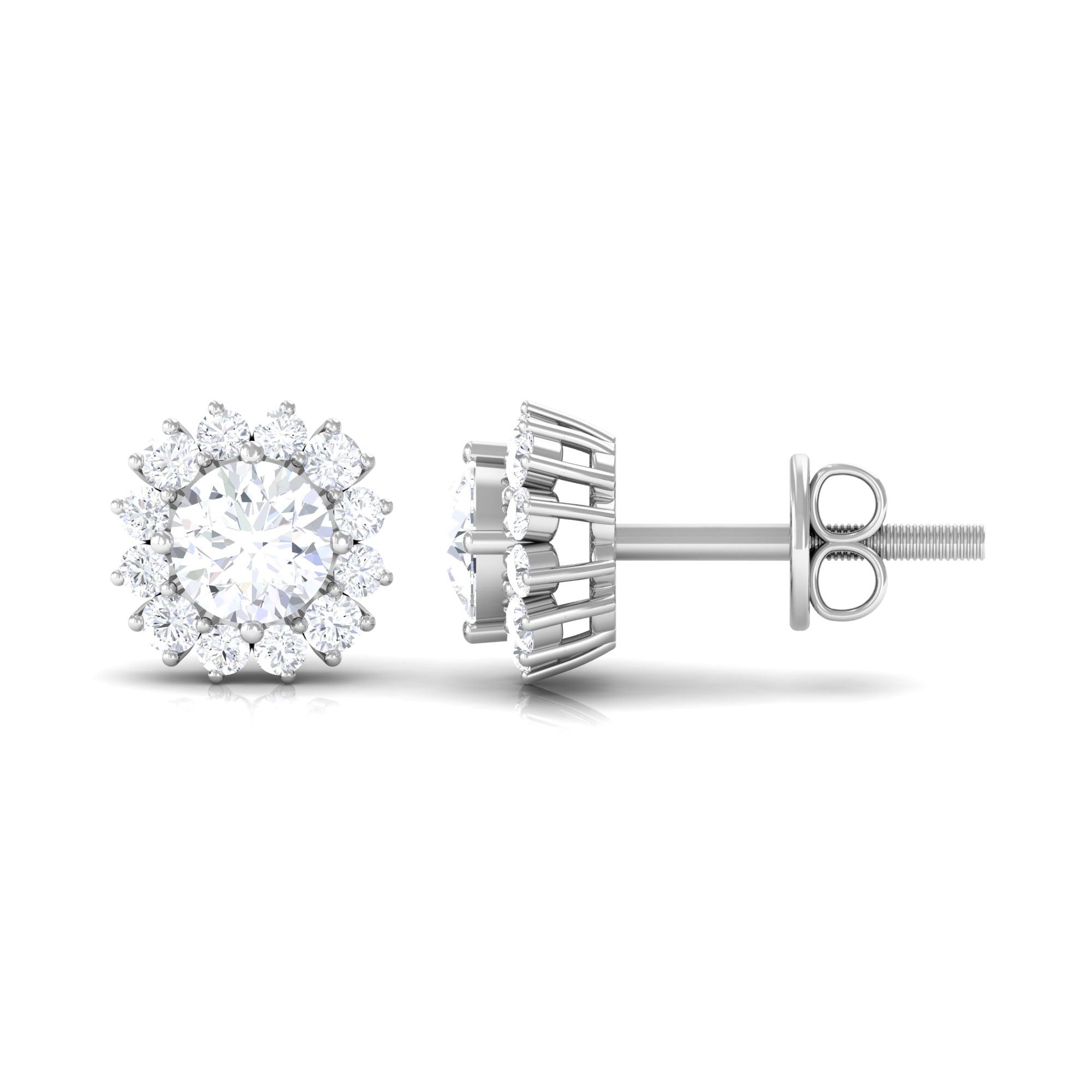 Classic Halo Stud Earrings with Round Cut Cubic Zirconia Zircon - ( AAAA ) - Quality - Rosec Jewels