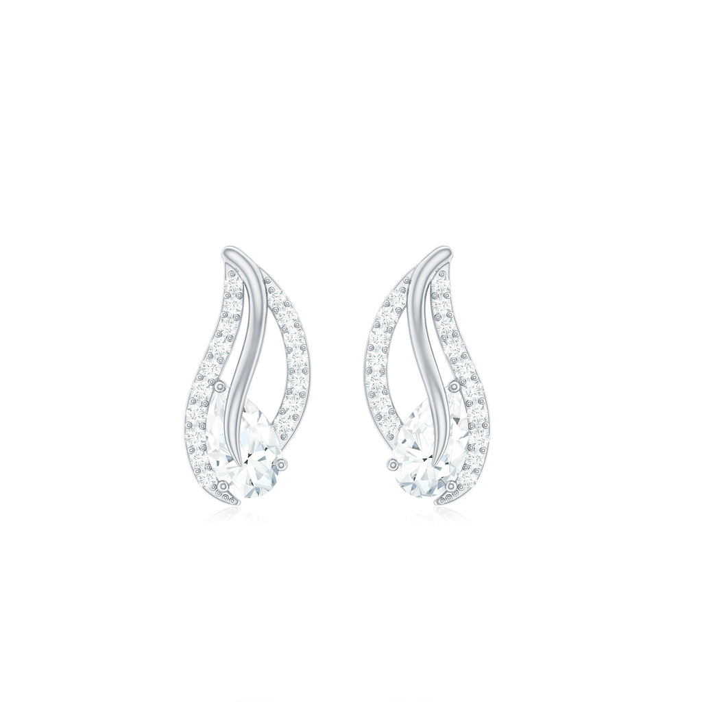 Simulated Diamond Gold Leaf Stud Earrings with Screw Back Zircon - ( AAAA ) - Quality - Rosec Jewels