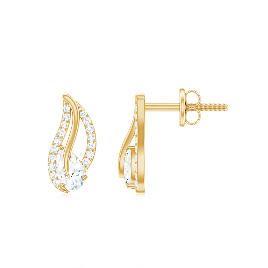 Simulated Diamond Gold Leaf Stud Earrings with Screw Back Zircon - ( AAAA ) - Quality - Rosec Jewels