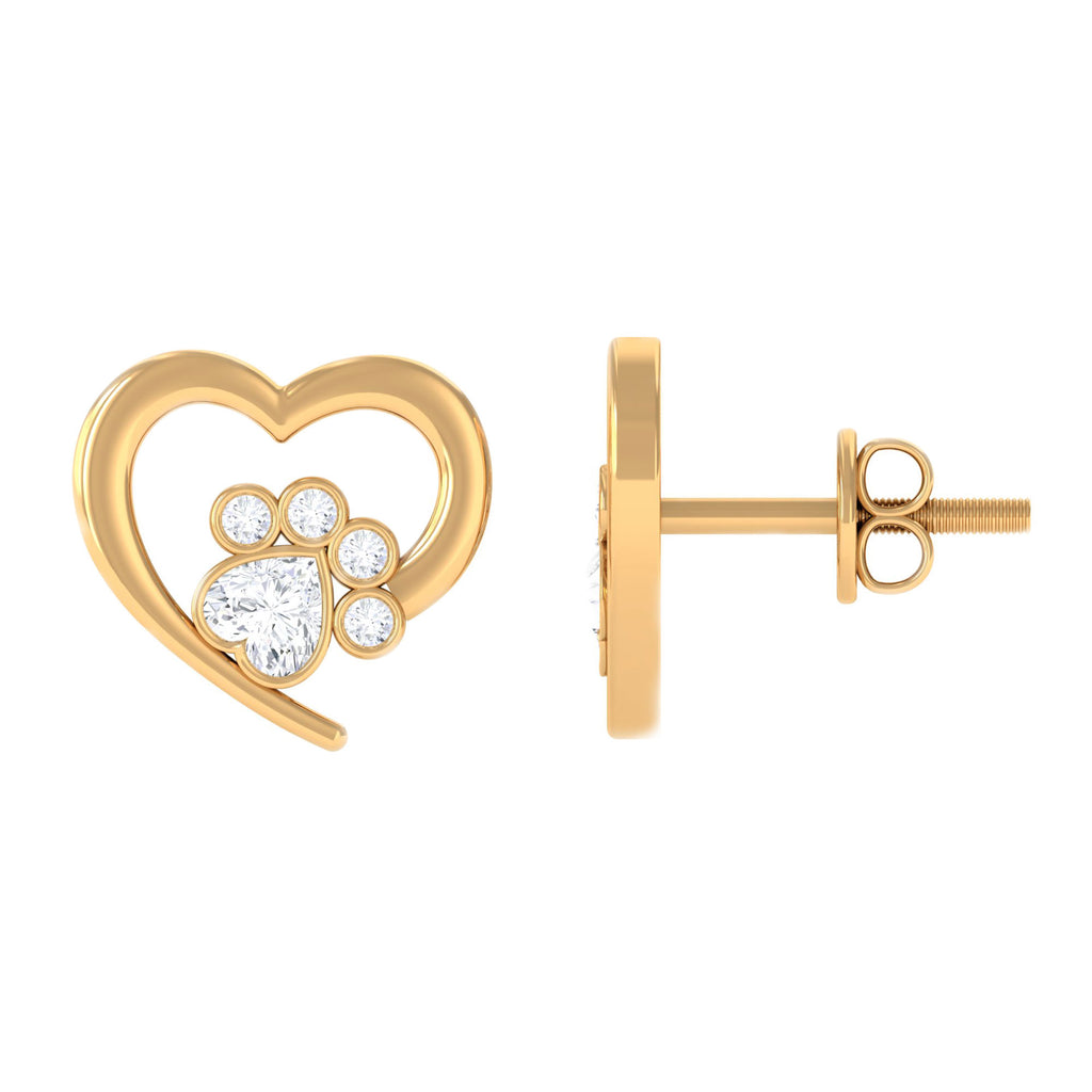 1/4 CT Bezel Set Zircon Cute Paw Stud Earrings with Gold Heart Zircon - ( AAAA ) - Quality - Rosec Jewels