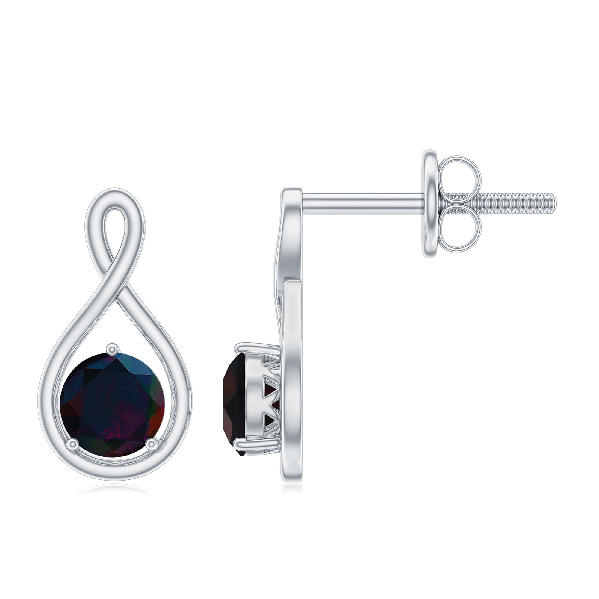 Solitaire Teardrop Stud Earrings with Round Black Opal Black Opal - ( AAA ) - Quality - Rosec Jewels