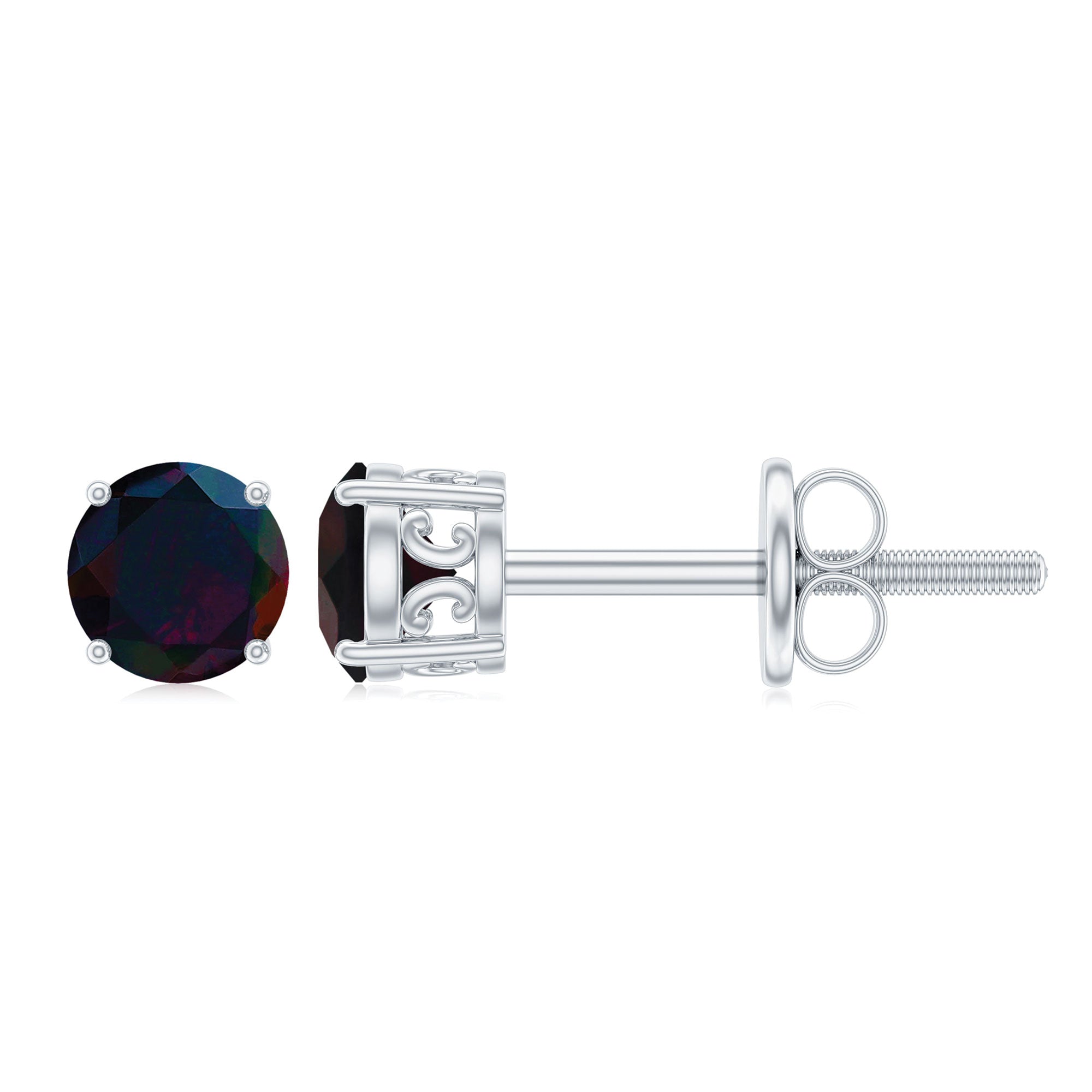 Round Cut Certified Black Opal Solitaire Stud Earring Black Opal - ( AAA ) - Quality - Rosec Jewels