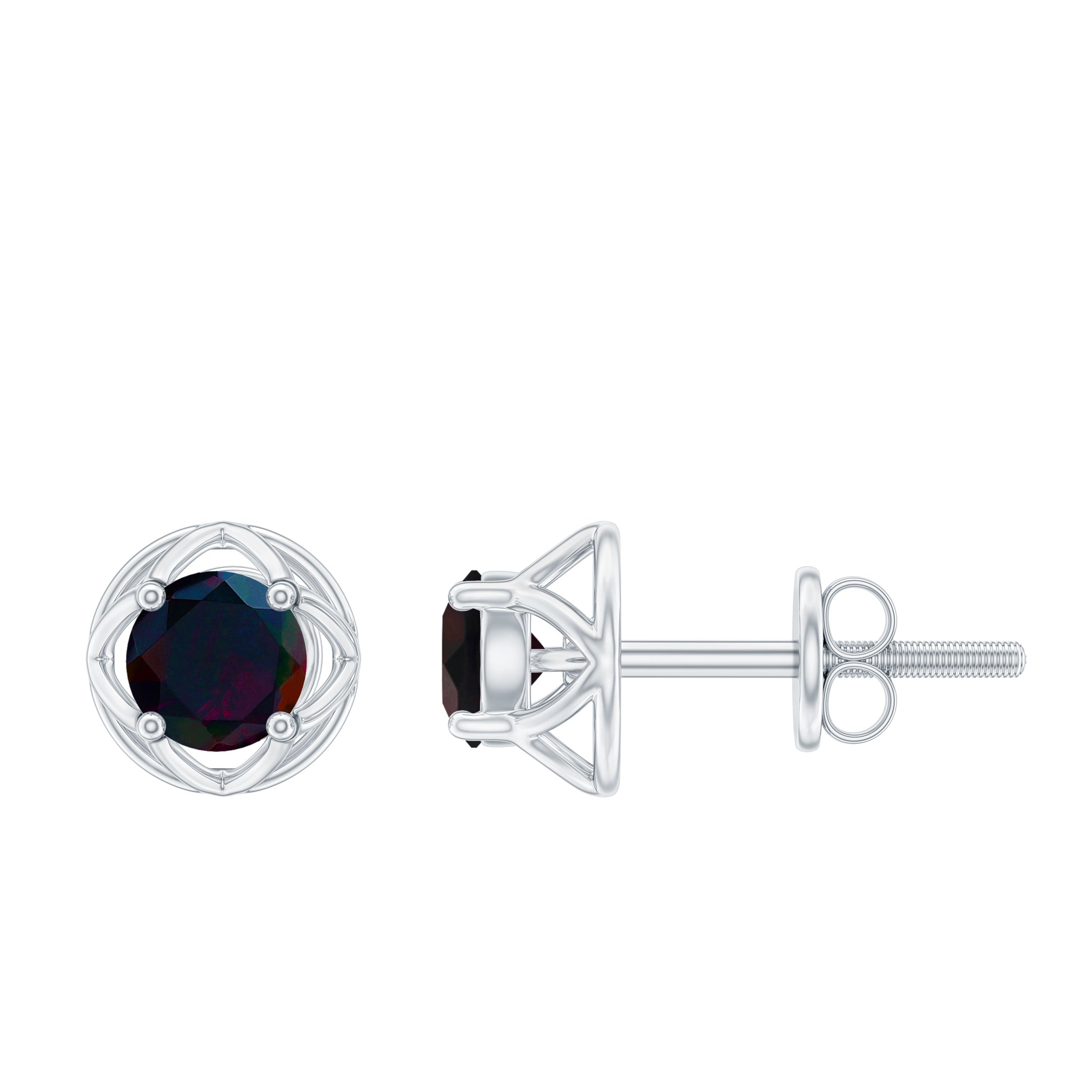 Solitaire Black Opal Flower Stud Earrings Black Opal - ( AAA ) - Quality - Rosec Jewels